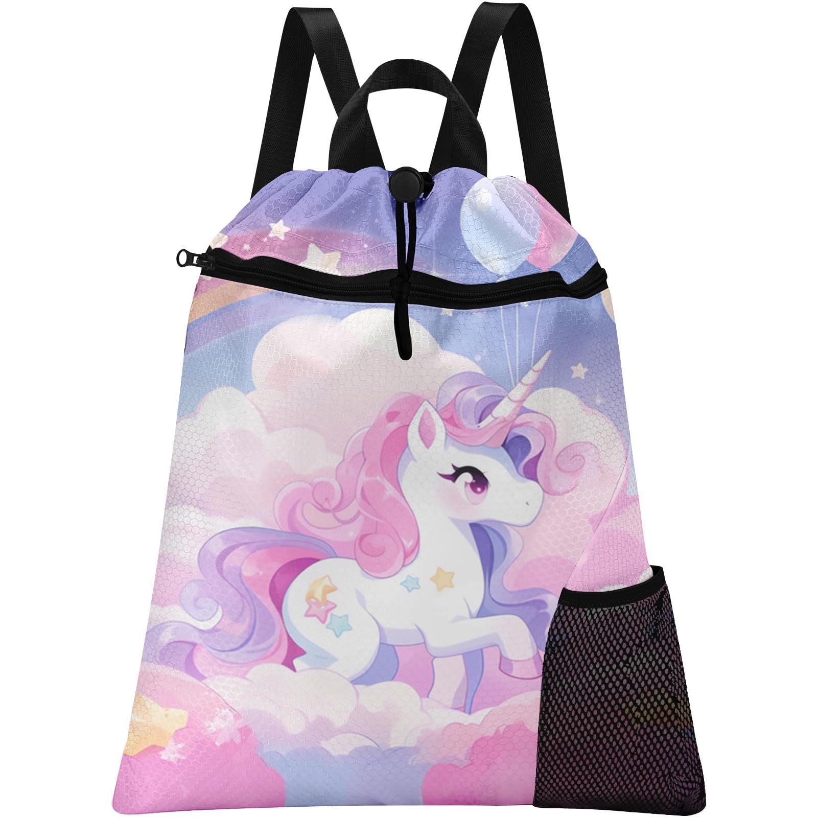 Britown Cute Unicorn Drawstring Backpack, 15” x 17” Waterproof Swim Bag for Beach Swimming Pool, Lightweight Foldable Gym Bag with Water Bottle Holder
