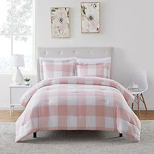 King Size Comforter Set with Sheets - 7-Piece Bedding Collection - 1 Comforter, 1 Fitted Sheet, 1 Flat, 4 Pillowcases - Deep Pocket - Soft & Premium Quality - Ideal for All Seasons Checkered Box Blush