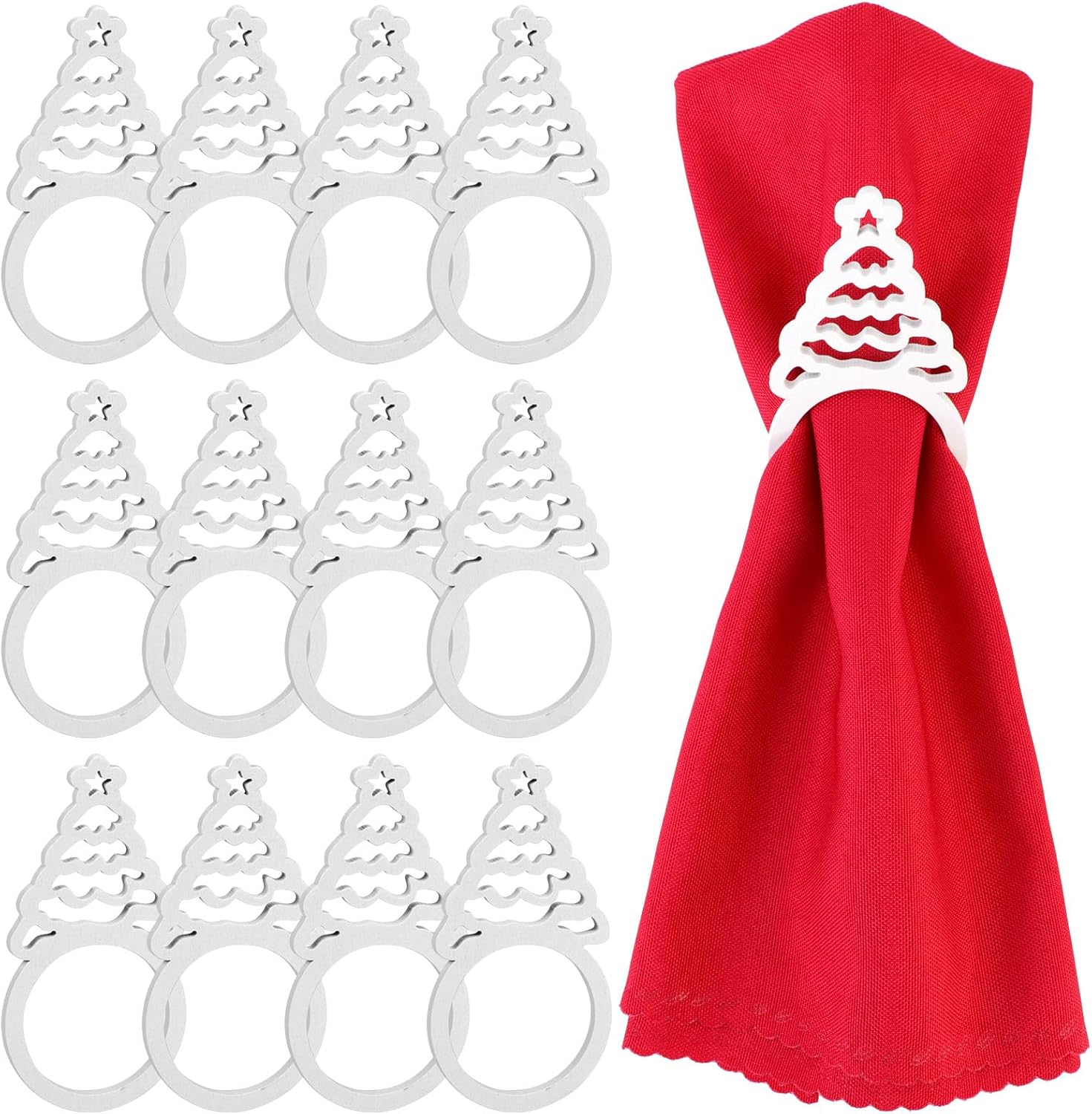 MWOOT Christmas Napkin Rings Set of 12, White Christmas Tree Wooden