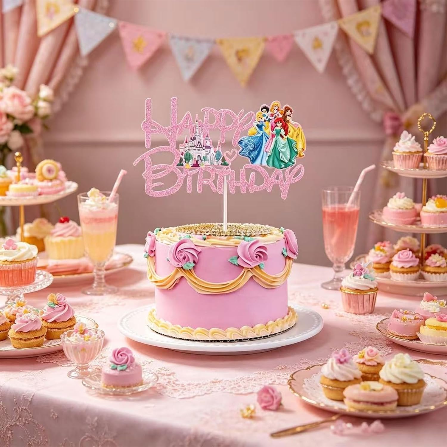 Glitter Princess Cake Topper, Cute Happy Birthday Cake Topper, Birthday Party Supplies, Princess Themed Party Decorations for Girls image 2
