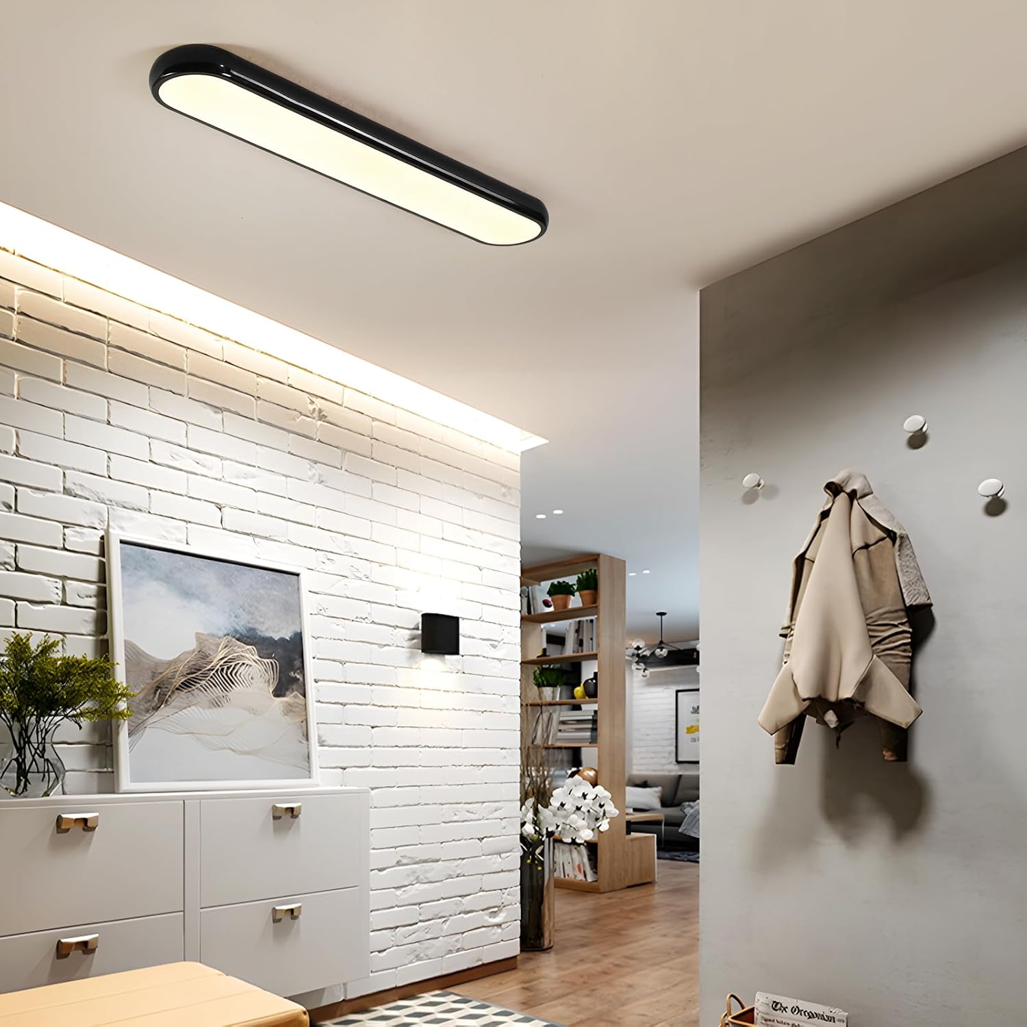 Qcyuui Modern LED Ceiling Light,Dimmable Semi Flush Mount Ceiling Light,39.4 in Long Ceiling Light Fixture,Kitchen Lighting Fixtures Ceiling for Office Bedroom Hallway(Black/48W/3000-6500K)