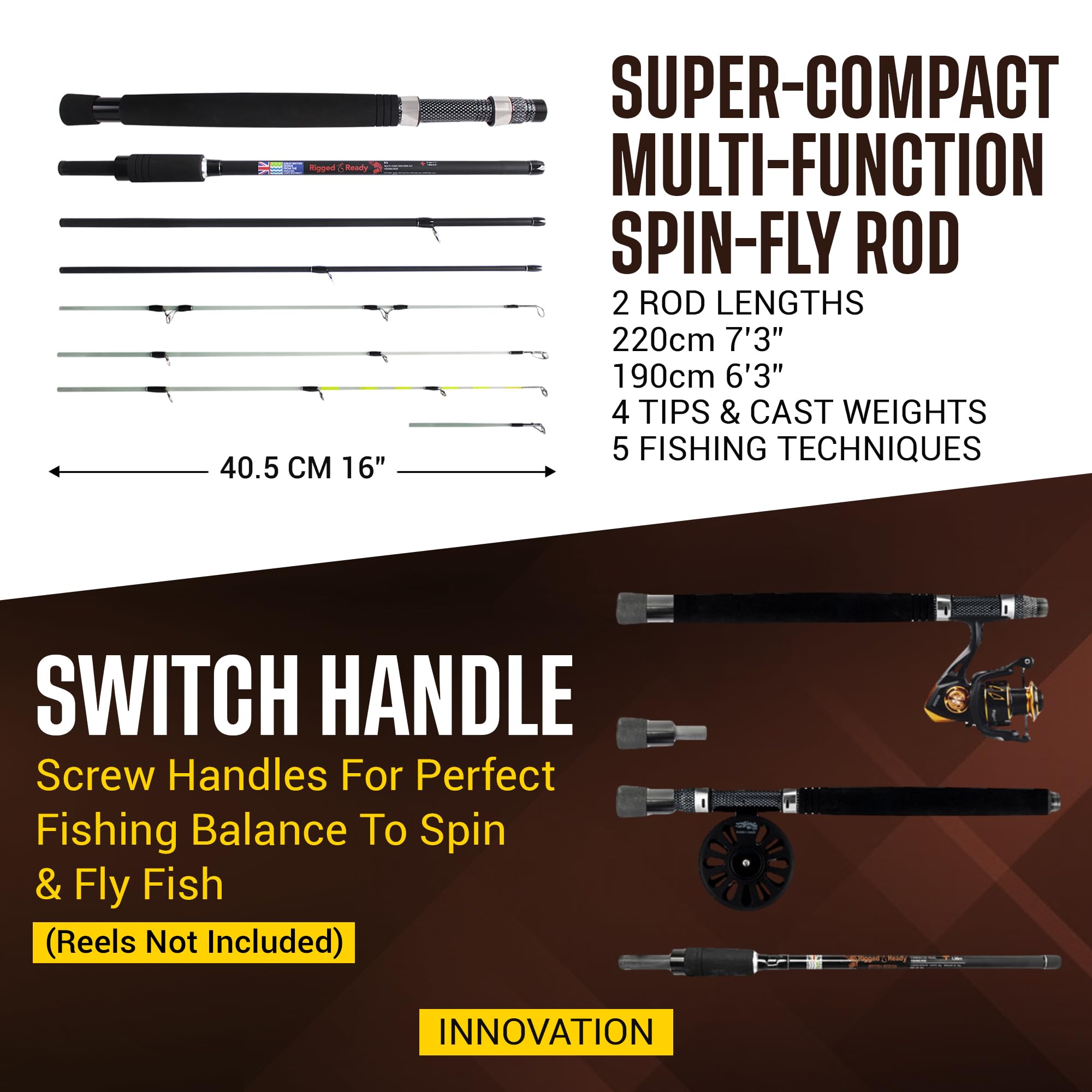 Rigged & Ready X Series™ Travel Fishing Rods. 6 Super Compact Combos and Rods, Multi-Functional, Spinning Poles. 5 to 25 Techniques from One Rod. Spin, Bass, Carp, Fly. Fresh & Saltwater Angling.