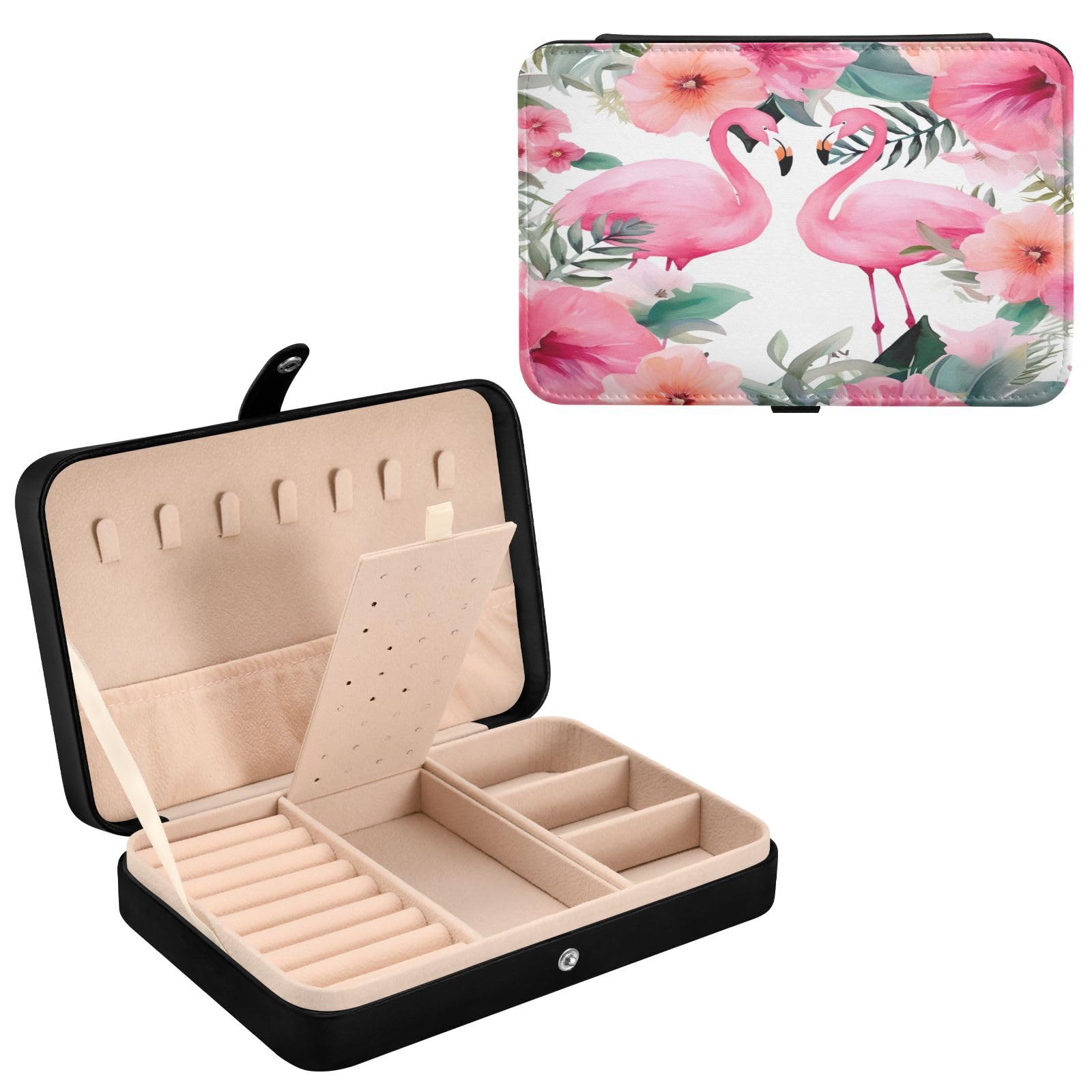 Haskirky Flamingos Palm Flower Jewelry Box Portable PU Leather Travel Jewelry Organize for Women Jewelry Storage Display Holder for Ring, Necklace, Earring