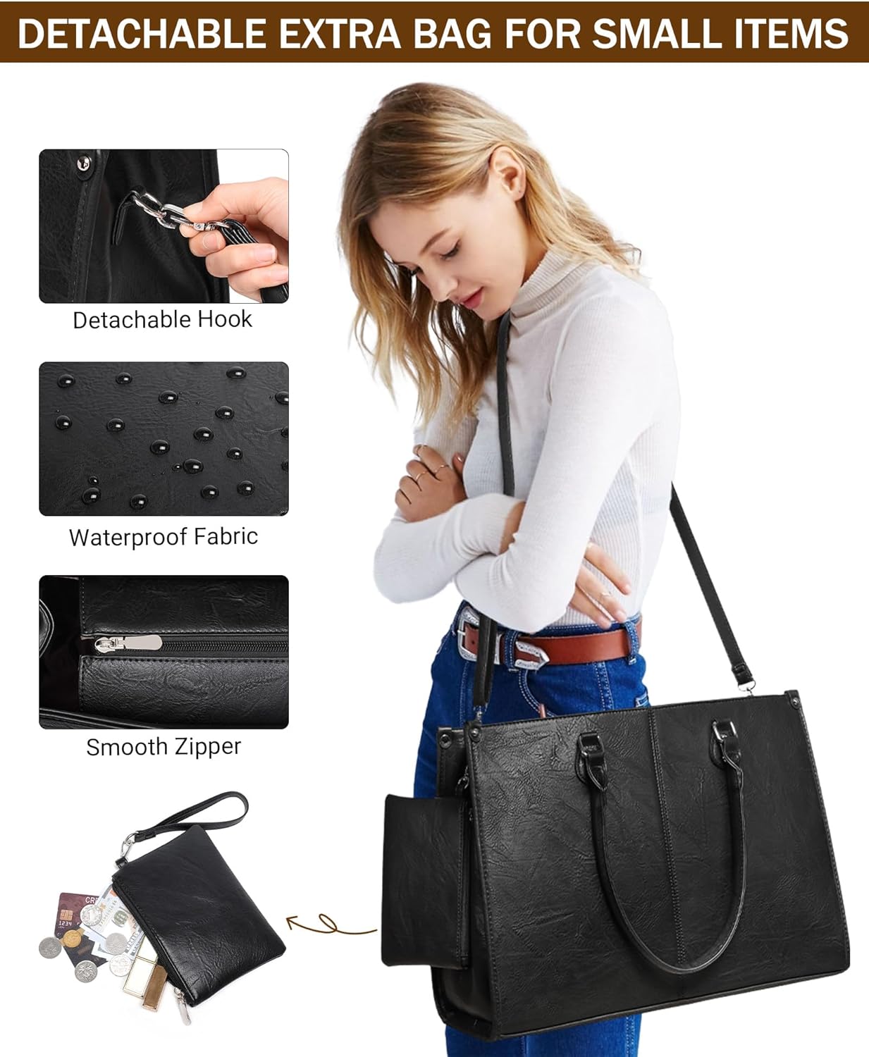 Laptop Tote Bag with Insulated Lunch Compartment for Women Work, PU Leather Lunch Bag with 15.6 Inch Computer Compartment - Image 6