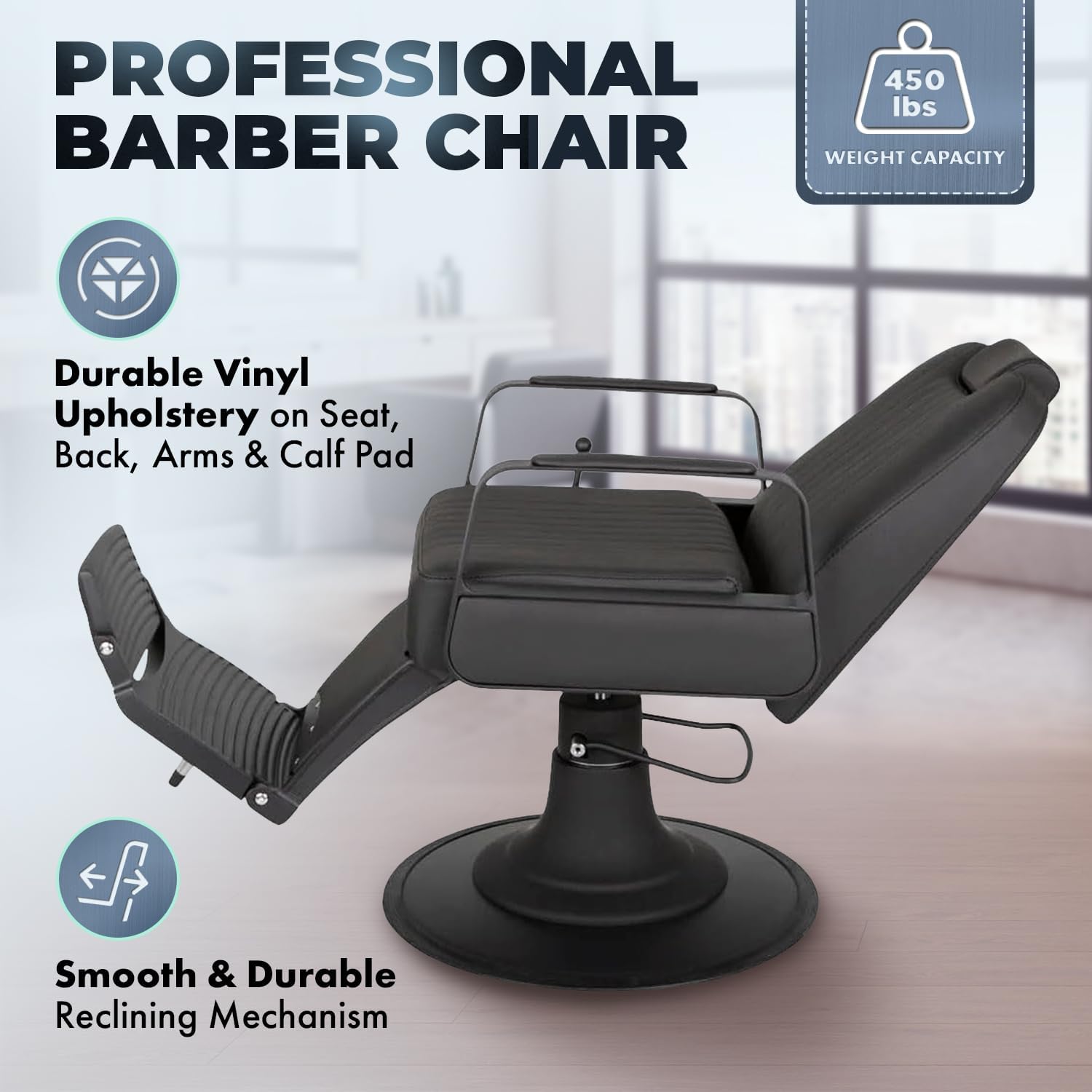 Buy-Rite Phantom Professional Barber Chair -YLG-9751-1C | Black Heavy-Duty Steel Frame, Hydraulic Base, Adjustable Headrest, Extra Wide Seat & Platform Footrest for Barbers