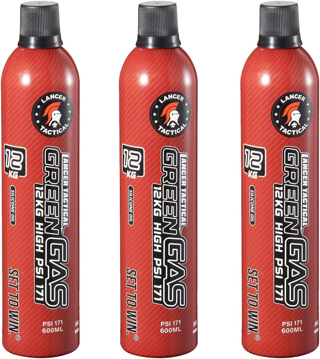 Lancer Tactical 600ml/20oz 12kg Powerful Green Gas High PSI G-1100 for Airsoft Pistol, Airsoft Rifle, Air Gun (Silicone Oil/Oil Free) -Pack of 3