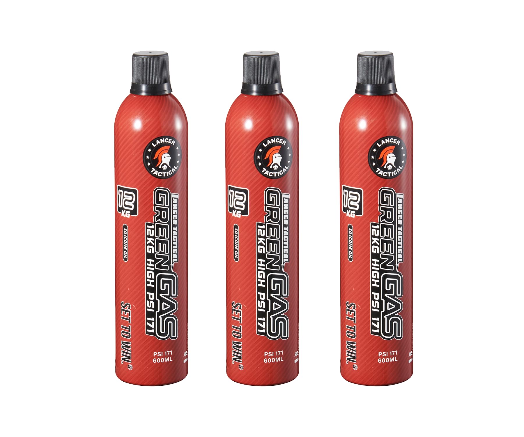 Lancer Tactical 600ml/20oz 12kg Powerful Green Gas High PSI G-1100 for Airsoft Pistol, Airsoft Rifle, Air Gun (Silicone Oil/Oil Free) -Pack of 3