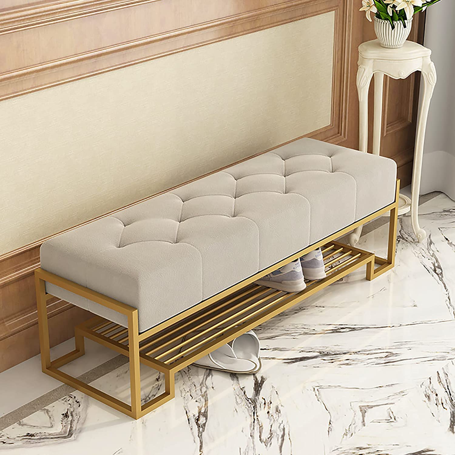Banc à chaussures en tissu capitonné avec rangement intérieur