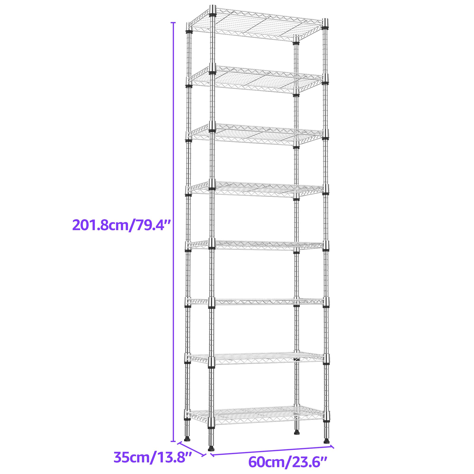 M MZG Scaffale in metallo resistente a 8 livelli, fino a 908 kg, per garage, cantina, officina e magazzino, cromato scuro, 35 x 60 x 201,8 cm (P x L x A)