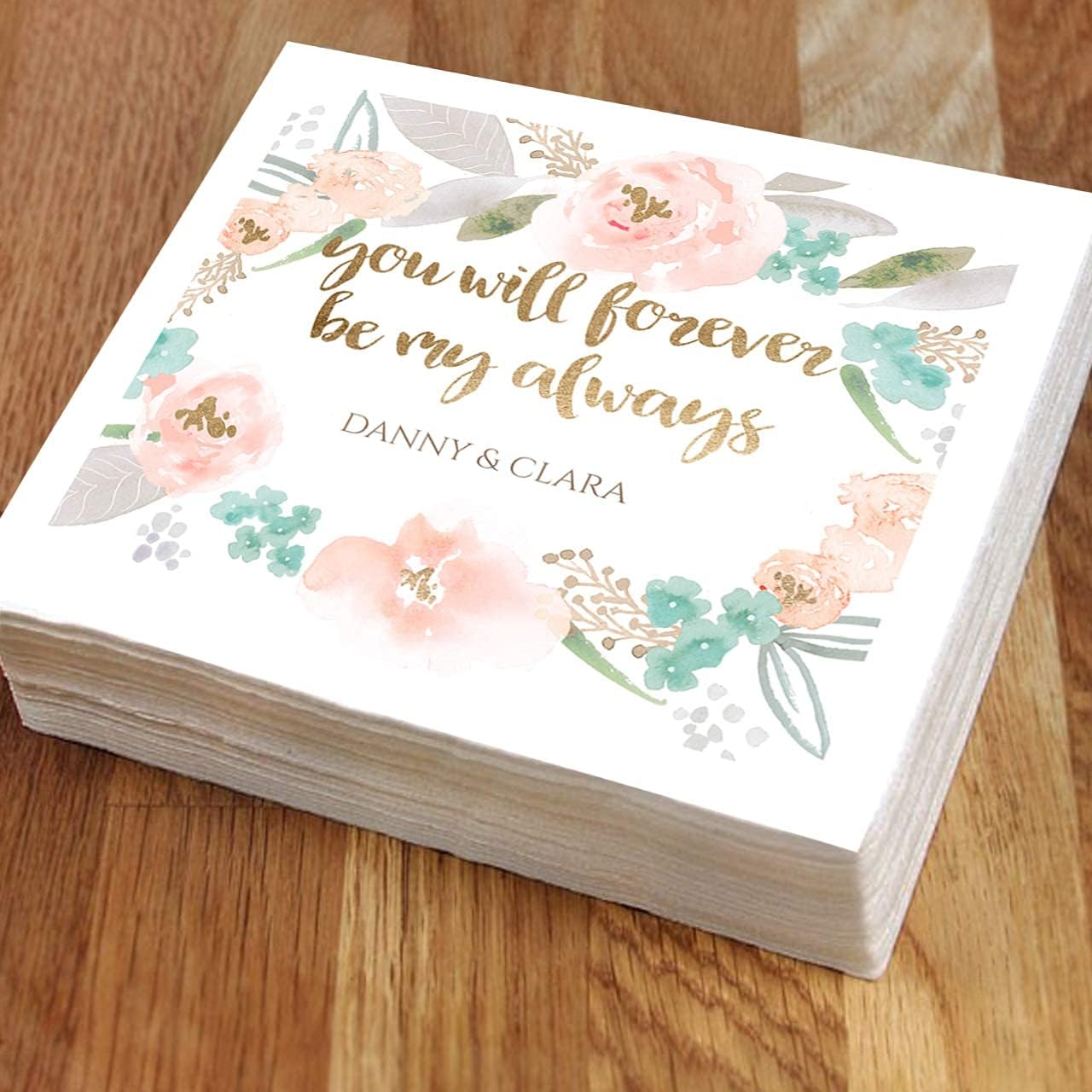 Forever And Always Personalized Beverage Napkins / 100 Custom Printed White Uncoined Cocktail Napkins / 4 3/4" x 4 3/4" Folded 3 Ply Napkins/Made In The USA