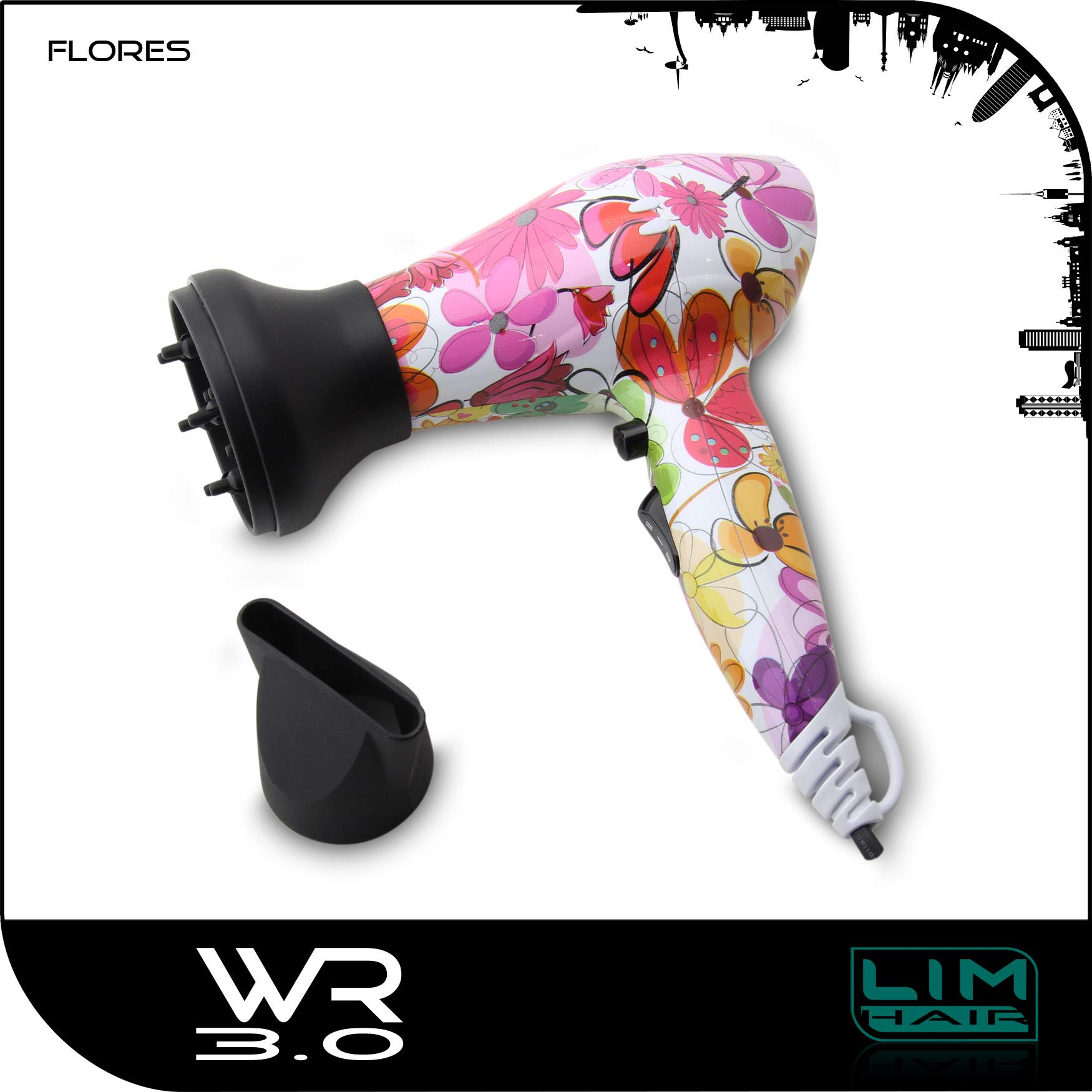 Secador de cabello LIM HAIR WR 3.0 para viaje, gimnasio o para cada día. 1200 W, boquilla, difusor y bolsa incluida. Tamaño reducido mini. Secador o W'21 PACK (FLORES, SECADOR)