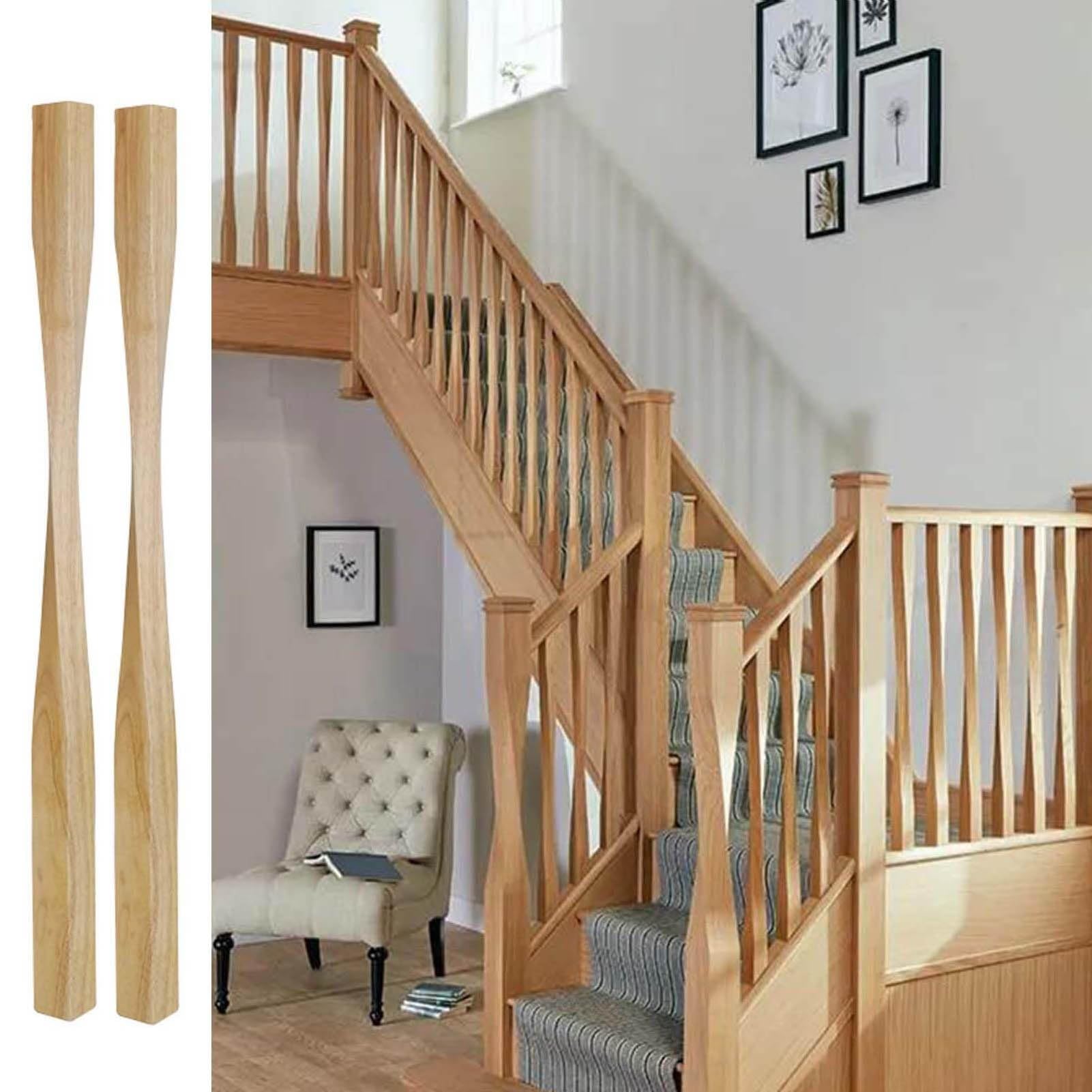 JFBLSD Solid Wood Stair Balusters, Indoor Stair Railing Spindles 37 Inch, Contemporary Staircase Spindles Bundles Handrail Parts, Twist Pole Square Column Post/Handrails(Wood color,2Pcs)