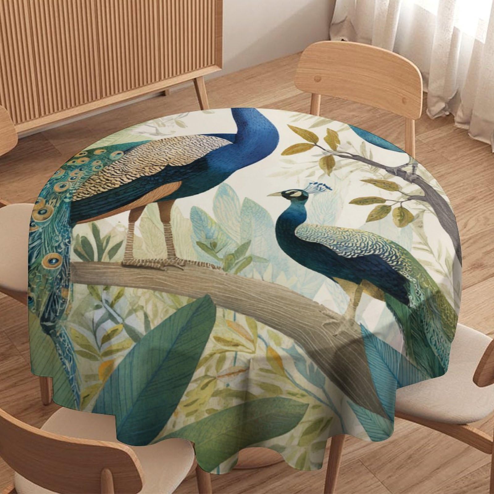 LUYYSKY Classic Beautiful Birds Peacocks Round Tablecloth Retro Watercolor Botanical Branch Animals Peacocks Pattern Washable Decor for Table Cover for Kitchen-177.8" Wx177.8 L cm