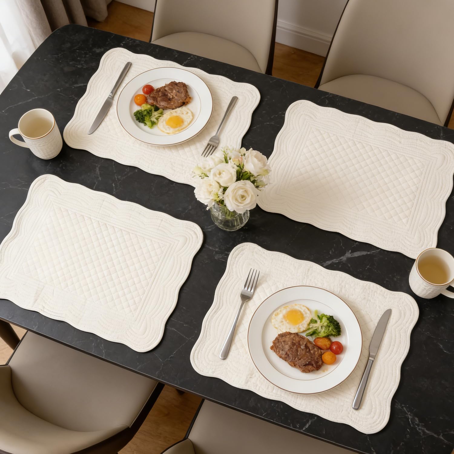 Quilted Placemats Set of 4 18"X13" Cotton Placemats Washable Cloth Table Mats for Kitchen Table (Cream White)