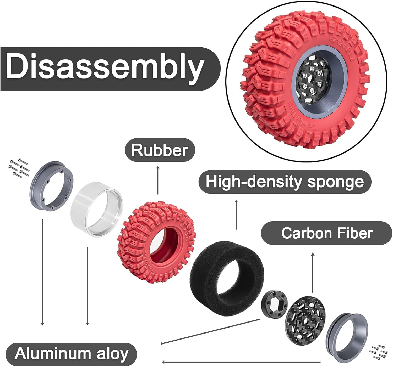 4PCS 1.2" Beadlock Wheel Tires Set 1.2" Carbon Fiber Beadlock Wheel Hub ＆ Colored Rubber Crawler Tires for 1/18 TRX4M 1/24 SCX24 RC Crawler Car (red tires A+ Titanium wheel hub)