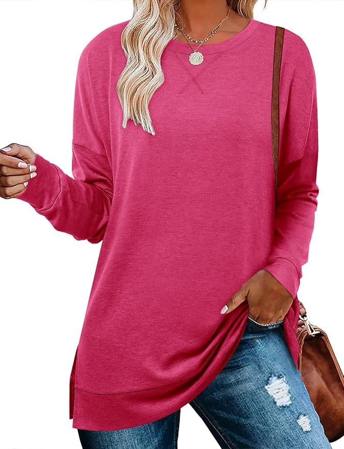 BETTE BOUTIK Women's Drop Long Sleeve Sweatshirts Casual Crewneck Tunic Tops Sweartshirts With Side Slits S-3XL