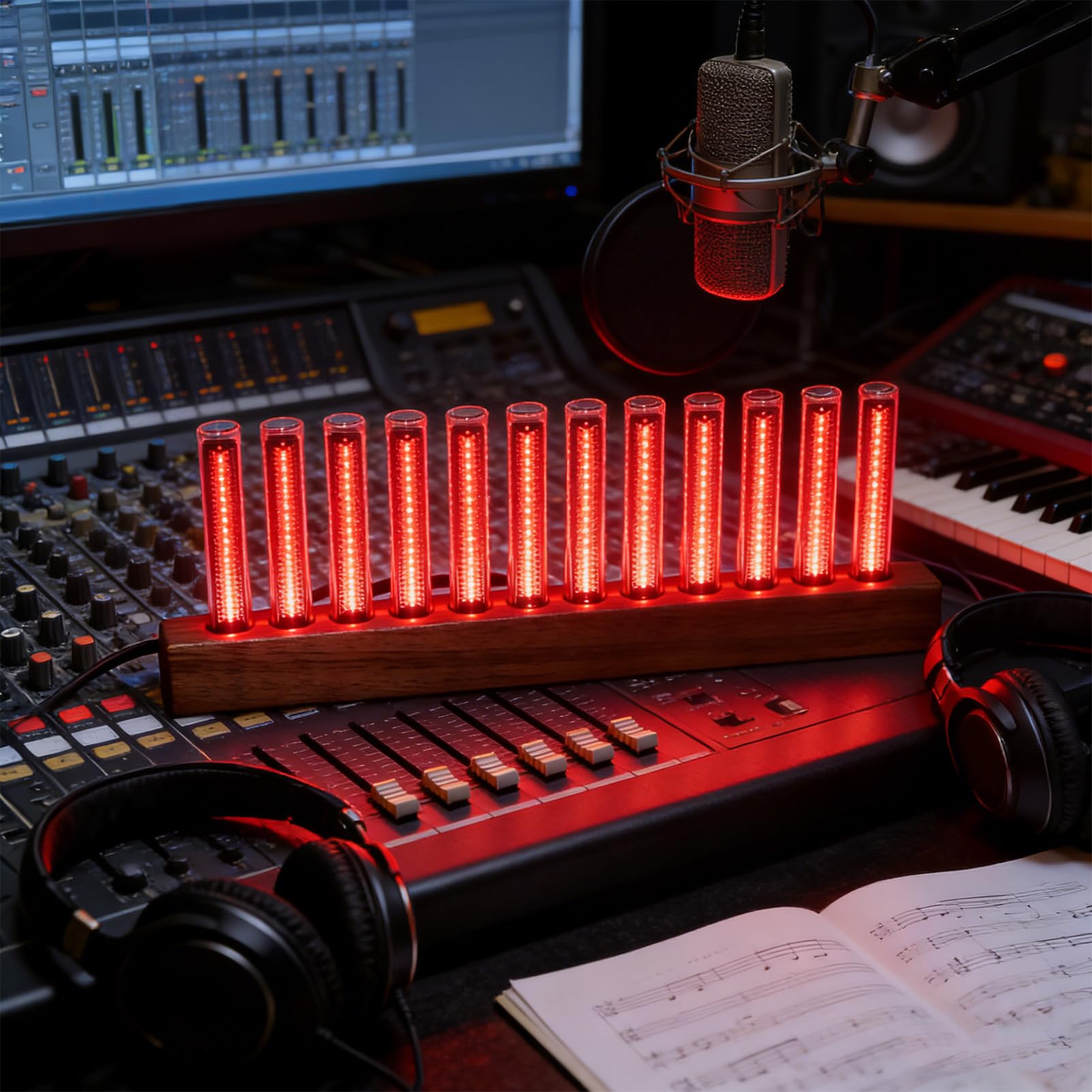 ASHATA LED Musikspektrum Anzeige, Heim Audio Spektrumanalysator Anzeige mit 12 Lichtröhren, Hochempfindliche Musik Rhythmus Lichtleiste, Einstellbare Farbhelligkeit