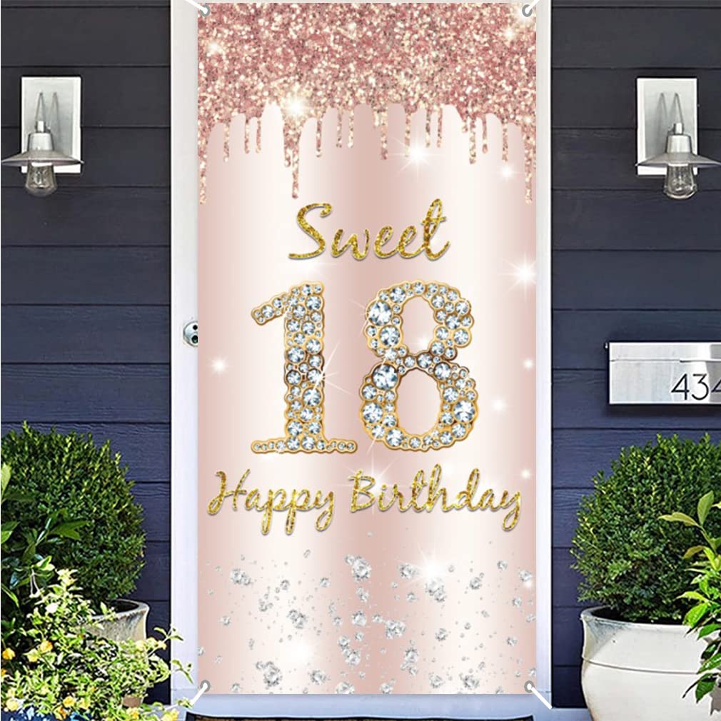 18. urodziny dziewczyna dekoracja, Door Banner Sweet 18 urodziny różowe złoto, materiał tabliczka 18. urodziny plakat z zawieszonym banerem, 18. urodziny banner dla dziewczynek dekoracja urodzinowa