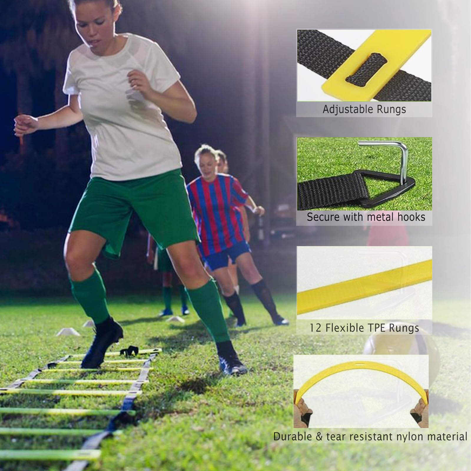 Vztipki Equipo de entrenamiento de velocidad y agilidad: escalera de agilidad de 20 pies, 6 postes, 12 conos de fútbol, paracaídas de resistencia, cuerda de saltar, juego de entrenamiento deportivo
