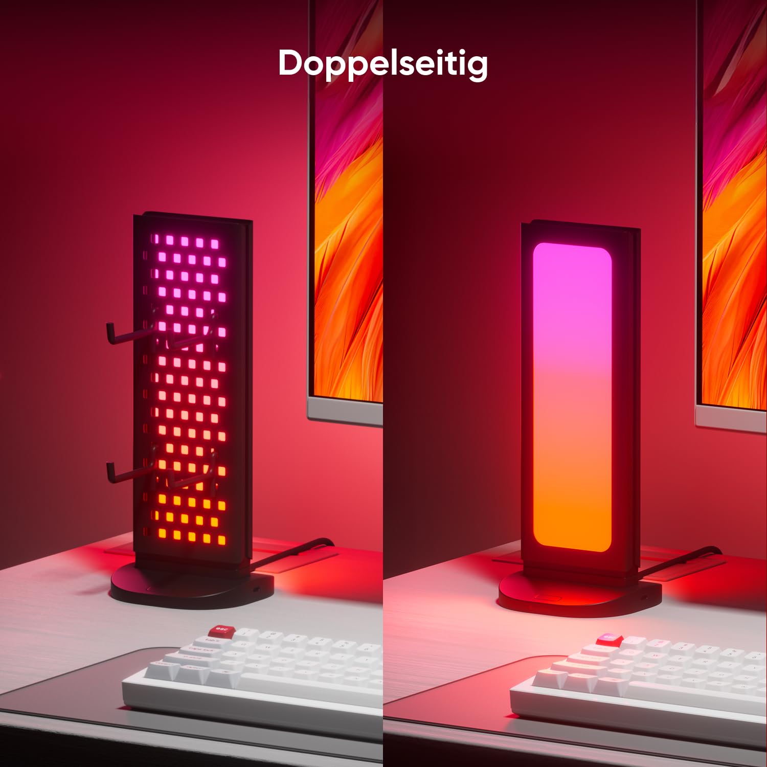 Nanoleaf Pegboard Gaming Dock, 3 in 1 RGBIC Tischlampe mit Controller/Kopfhörer Halter, Doppelseitige Lichteffekte, USB-C, Musik & Screen Sync über Desktop App, Ambiente Schreibtisch Lampe