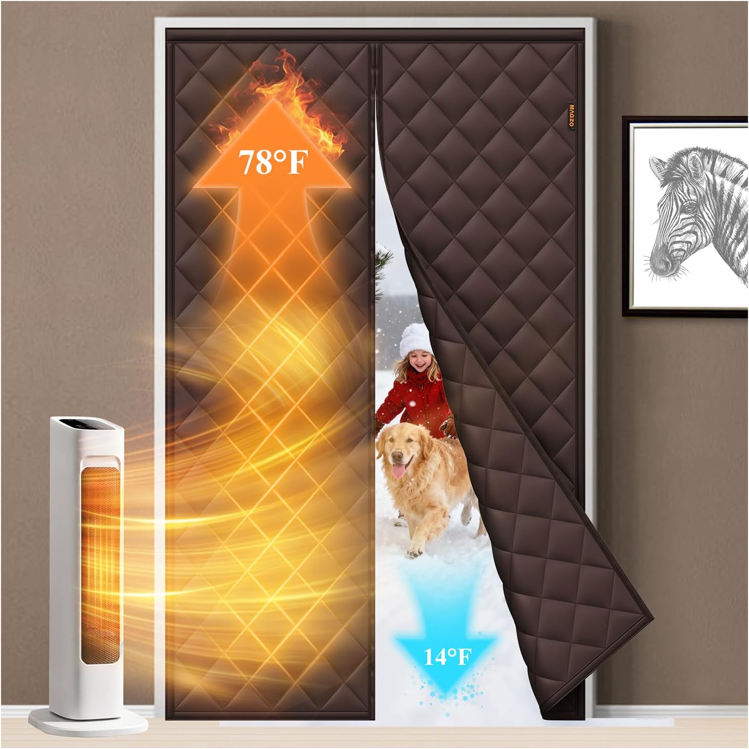 MAGZO Magnetic Thermal Insulated Door Curtain, 32" x 80", Upgraded Oxford Filled with Thicken Cotton, Weatherproof Insulation Cover Blanket for Winter/Front/Back Doors, Keep Cold Drafts Out, Brown
