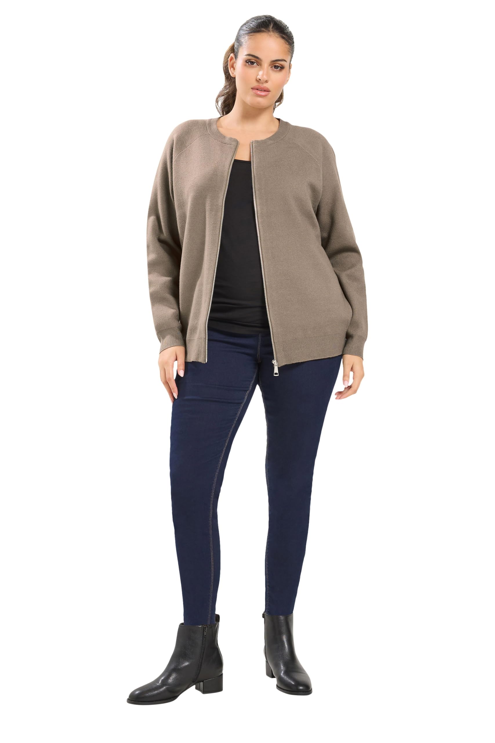 Yours Curve Natural Brown Premium Knitted Bomber Jacket - Women's - Plus Size Curve