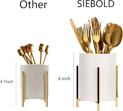 Miniatura 3 de Soporte giratorio para utensilios para encimera de cocina, cerámica con marco de metal duradero, 3.14 x 4.9 pulgadas (paquete de 1) blanco y dorado,