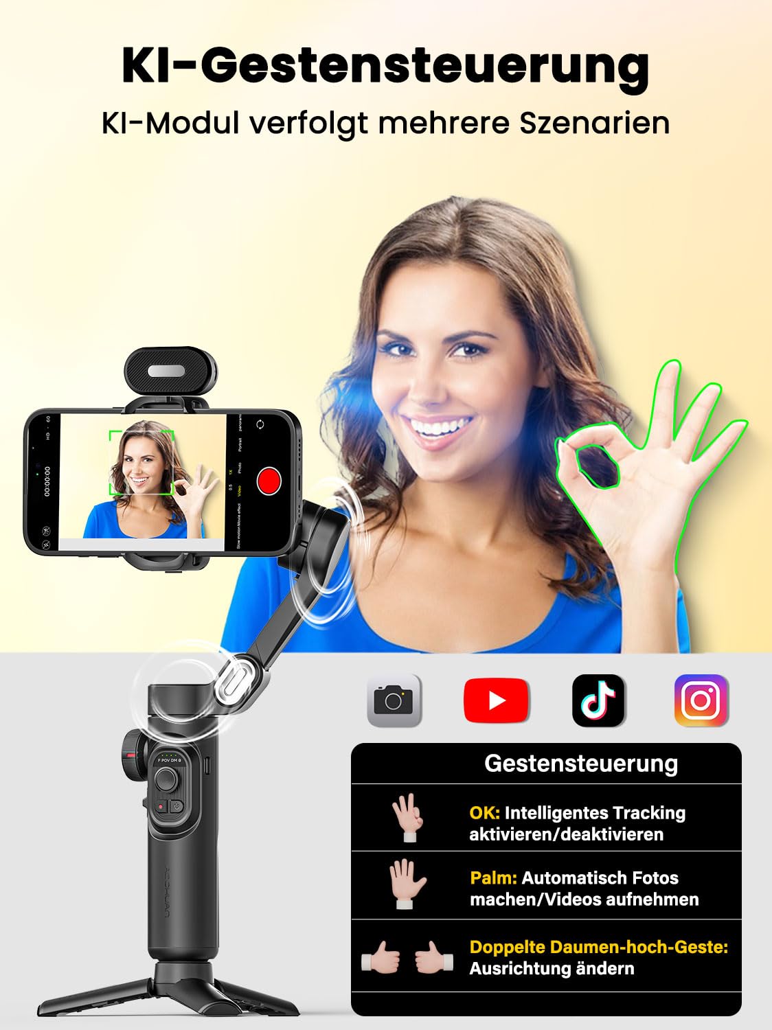 AOCHUAN Gimbal-Stabilisator für Smartphone, NO APP KI-Verfolgung, Gestensteuerung, Inception 360°, mit TikTok YouTube, 3-Achsen-Falt-Gimbal-Stabilisator für iPhone und Android, XE AI-Version