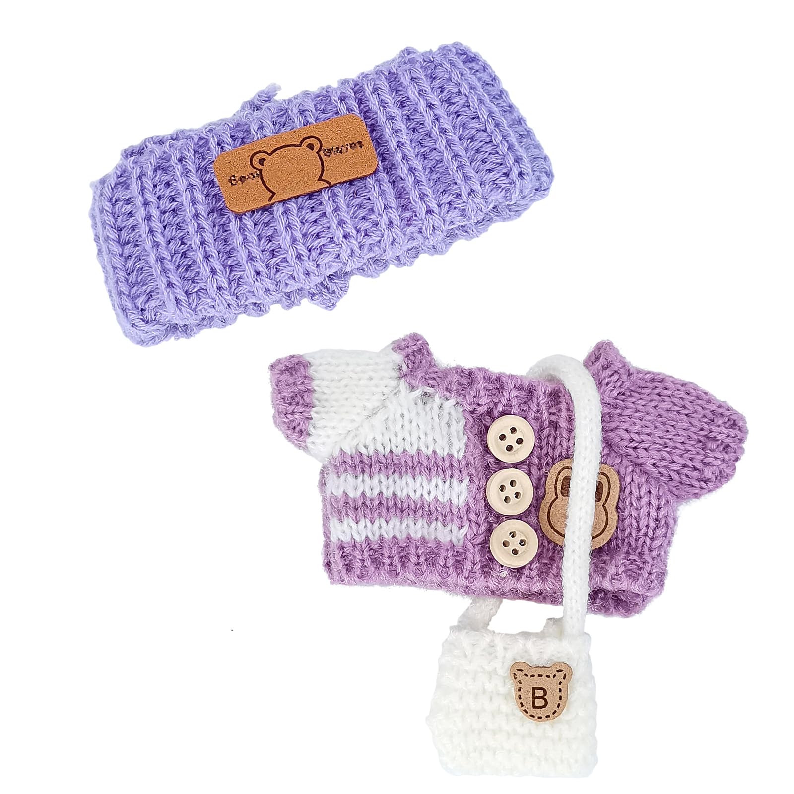 Clothes for 17cm Dolls, Knitted Winter Plush Outfit Set with Accessories (Hat, Sweater, and Bag) (NO Doll) Purple Stripes