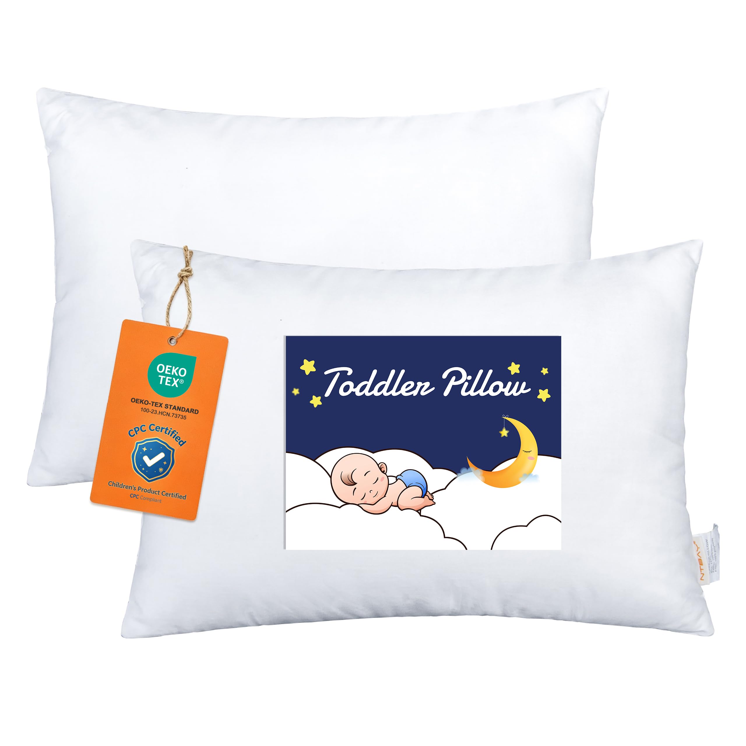 NTBAY 2-Pack Toddler Pillows, 100% Cotton Cover, 13x18 Inches, White