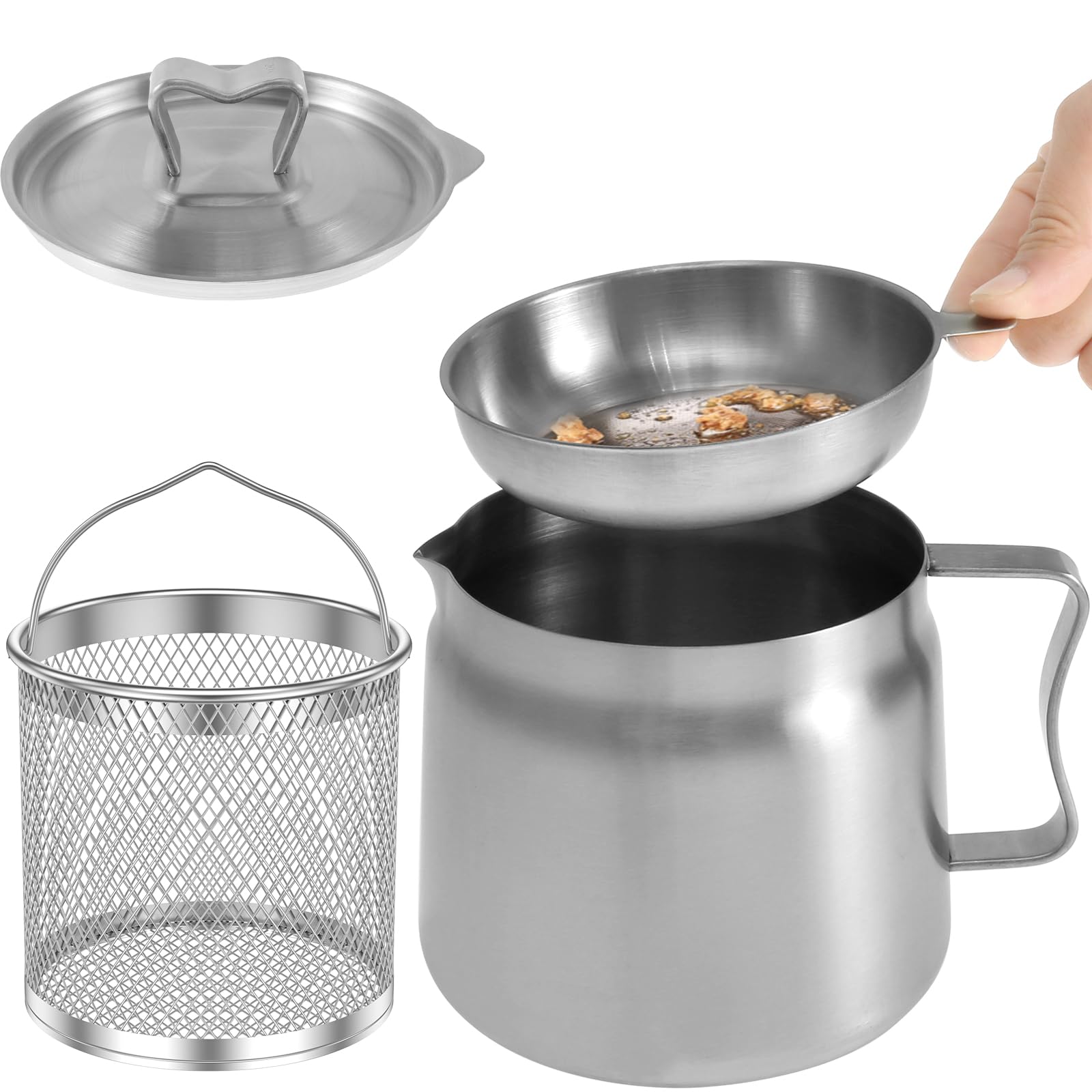 Oil Filter Pot 1.5L Stainless Steel Bacon Grease Container with Lid and Fine Mesh Strainer Oil Strainer Storage Can Rustproof Fat Container for Frying Oil Cooking Oil Cooking Grease