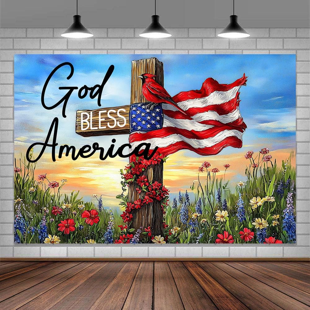 4th of July Patriotic Backdrop, God Bless America Cross Photography Background, USA Memorial Independence Veterans Party Decorations Photo Booth