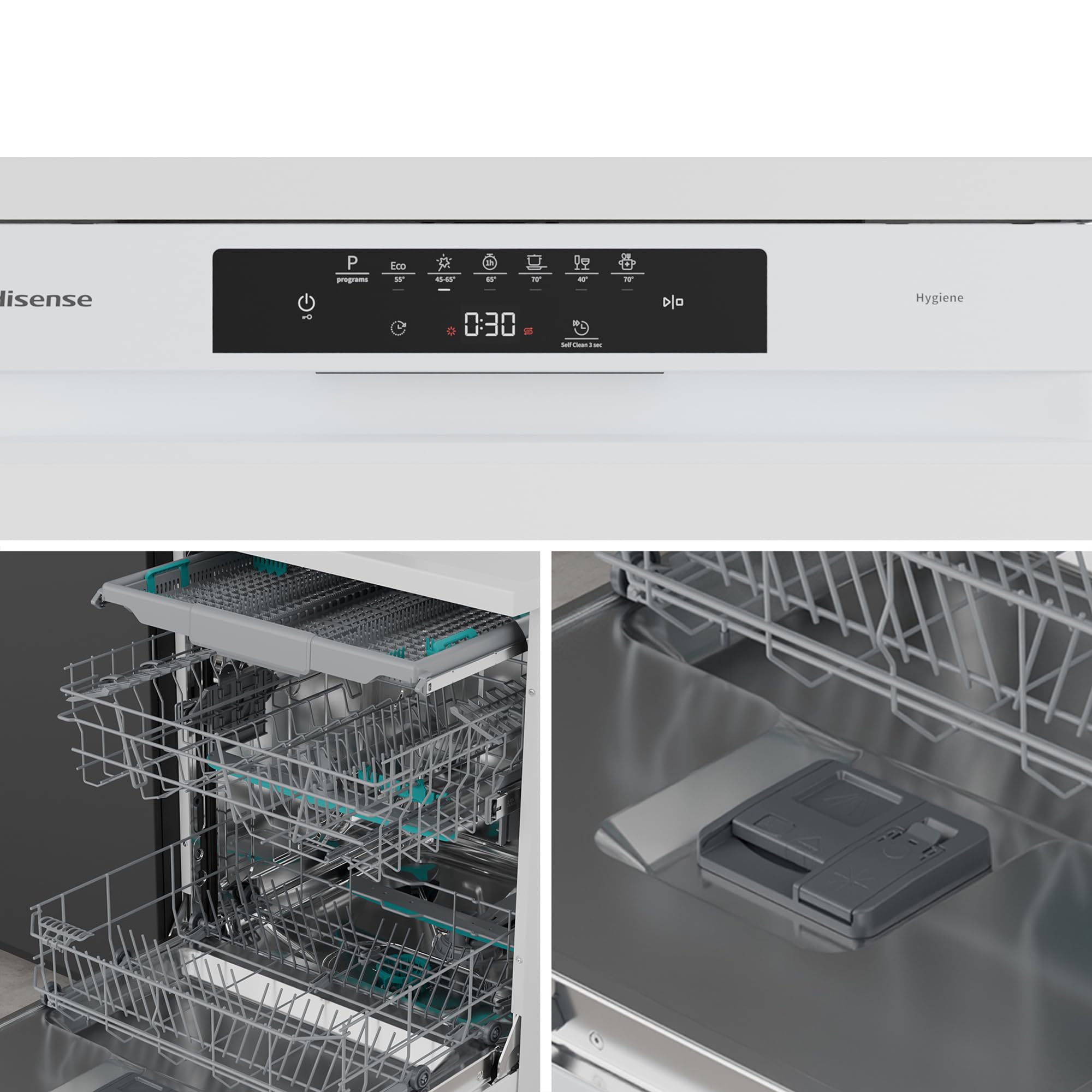Hisense HS643B90W - Lavavajillas Clase B, 15 Servicios, Fondo 60cm, Secado Extra, Programa Automático, Tercera Bandeja, Programa Corto 1 hora, 15 Servicios, Aqua Protect System, Control Táctil, Blanco