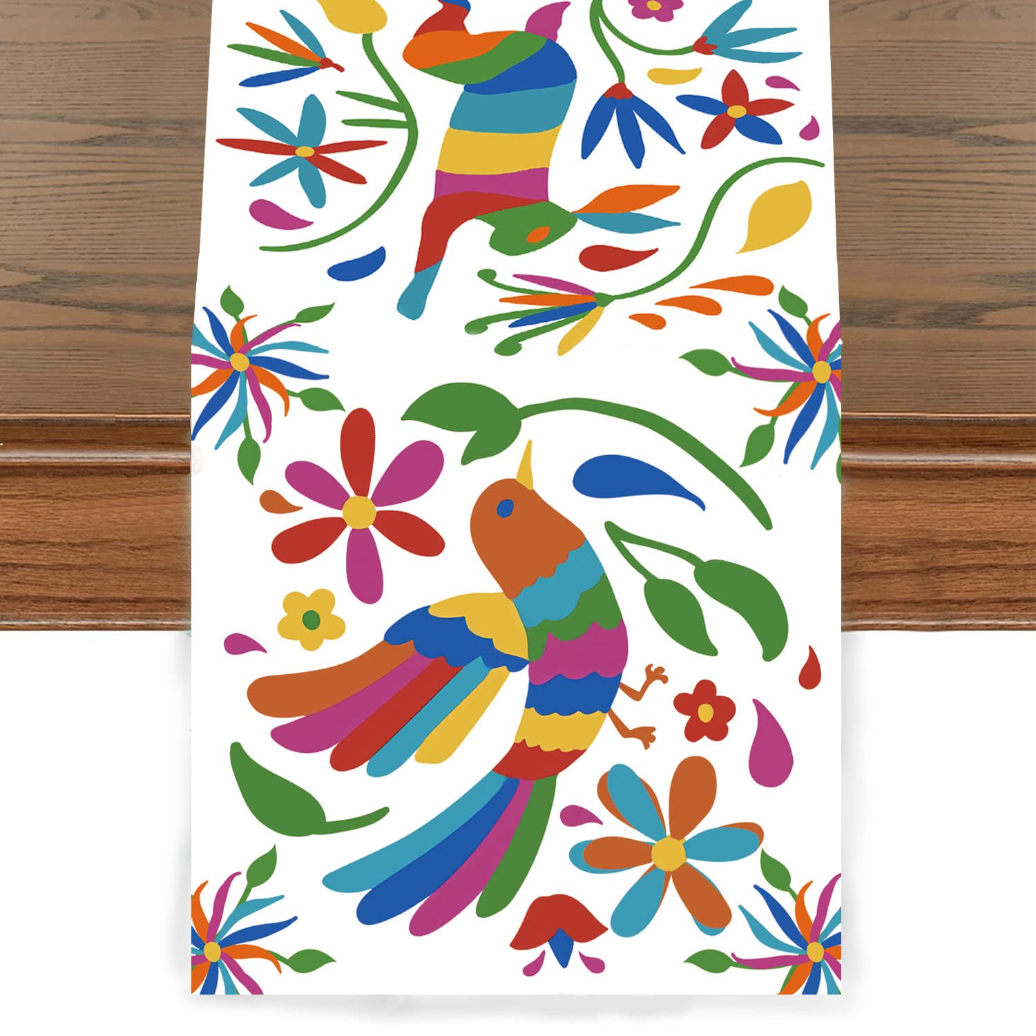 NRAMOOSMexican Otomi Table Runner Colorful Birds Floral Waterwashable Polyester Fabrics Tablerunner Indoor Outdoor 13.7x75Inches