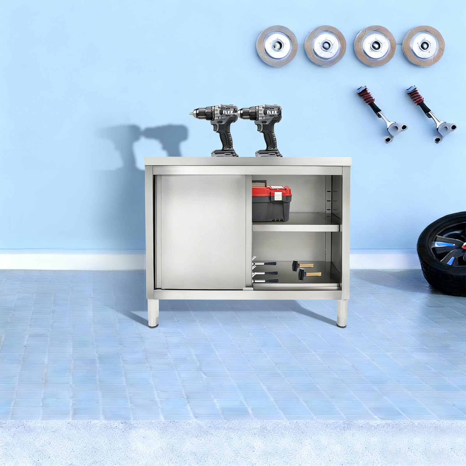 Mesa de Trabajo Puertas Corredizas Encimera Cocina Profesional Plata, Establecido Preparación Corte Acero Inoxidable Cocina con Armario De Almacenamiento, Altura Ajustable