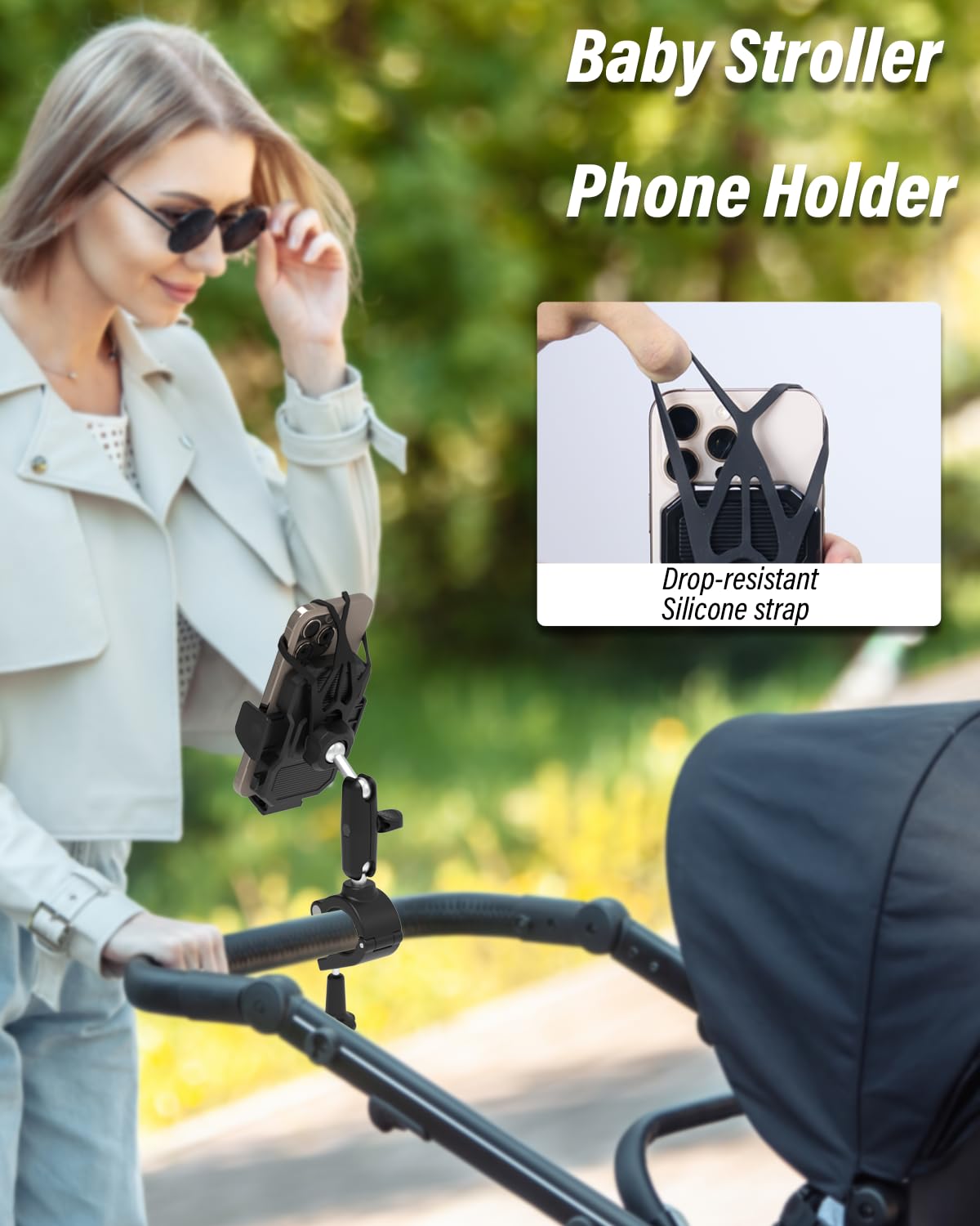 Supporto per cellulare per carrozzina [con fascia ultra stabile], per manubrio/cyclette/sedia a rotelle/barca/bici da corsa/scooter E, per iPhone 16 Pro Max/15/14/13 e tutti gli smartphone