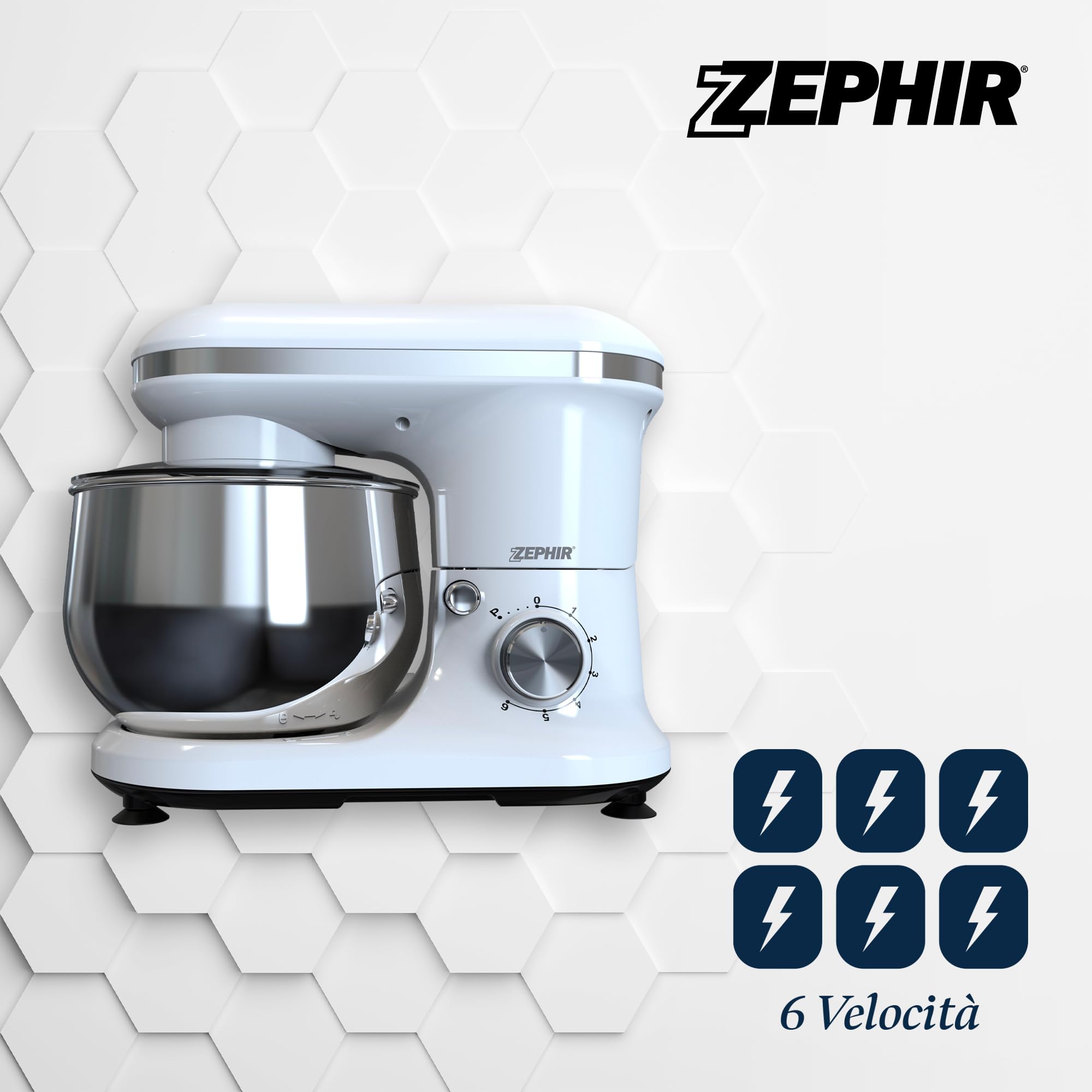 Zephir Impastatrice Deluxe 1000W con Ciotola in Acciaio 5,0L, 6 Velocità + Pulse, Accessori Inclusi, Ingranaggi in Acciaio, Corpo in ABS