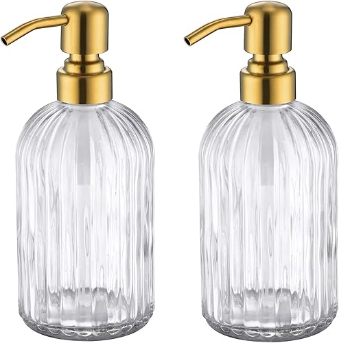 Dispensador de jabón de vidrio dorado con bomba de metal a prueba de óxido, diseño vintage y antiguo, dispensador de jabón para platos de vidrio