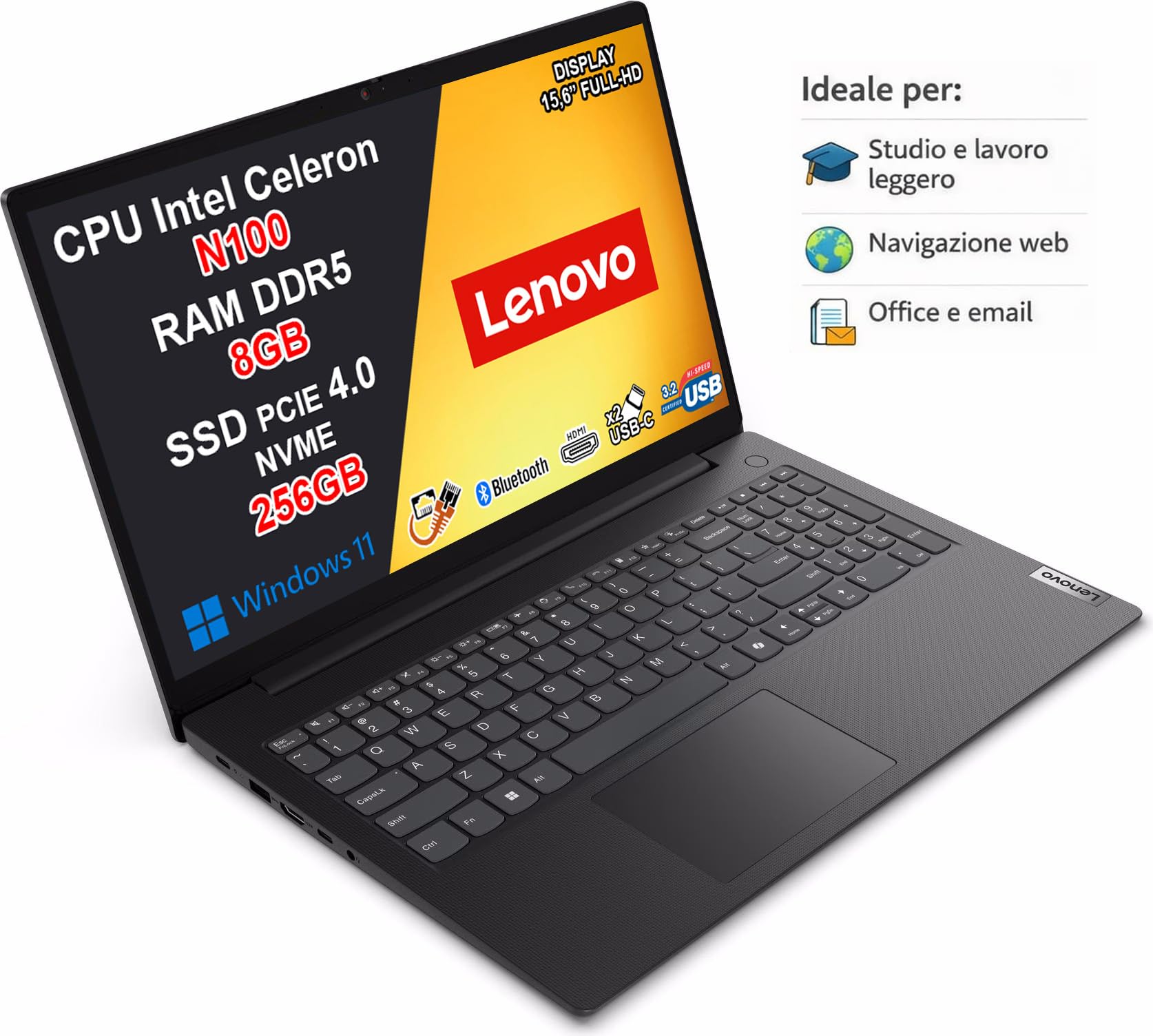 Lenovo V15 G6 Notebook Intel N100 3.4GHz 8GB DDR5 256GB SSD 15.6" Full HD WiFi 6 Windows 11 Pro Nero