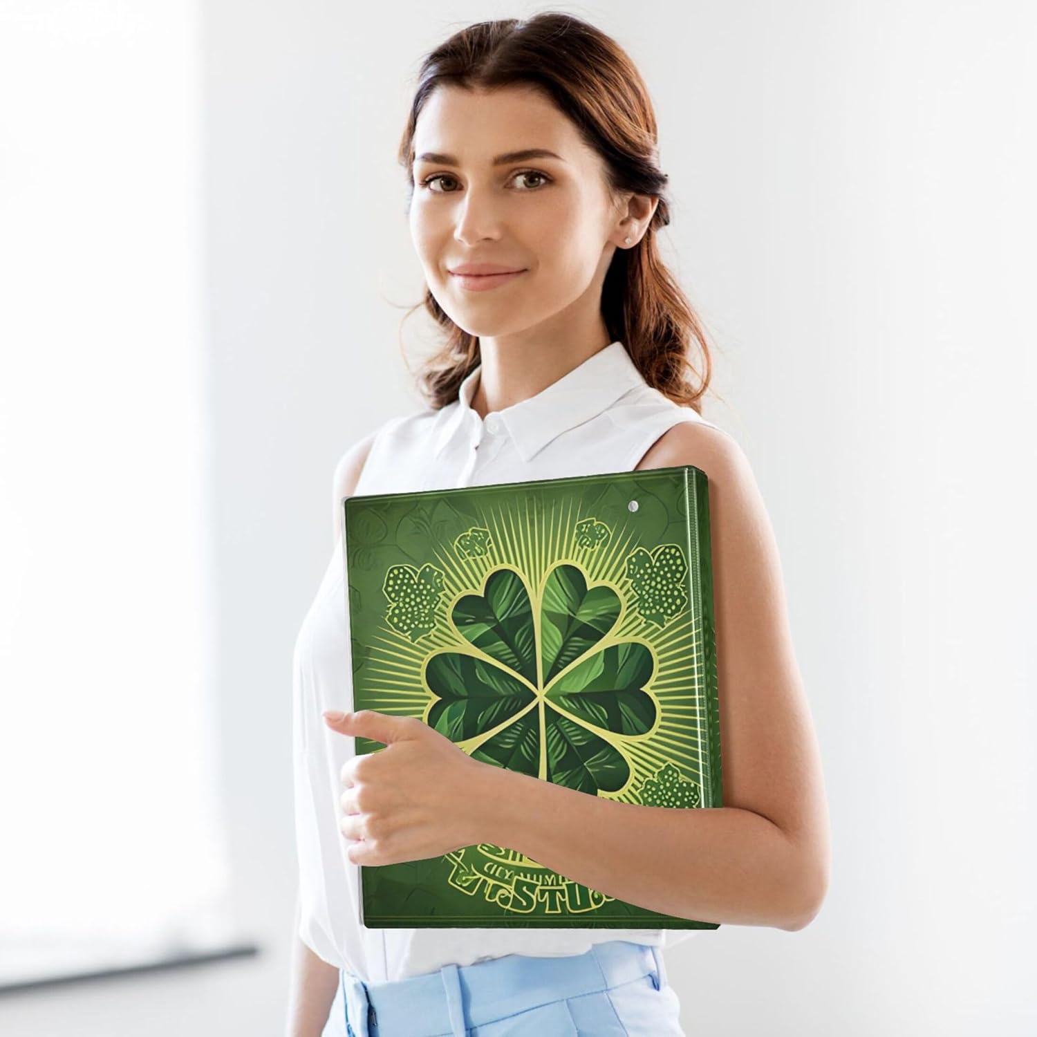 St. Patrick's Day Clover 3 Ring Binders, 1.5” Round Ring Binders with Clipboard - Letter Size, 3 Interior PVC Clear Pockets & Anti-Slip Clip for Office School Supplies, 2PCS
