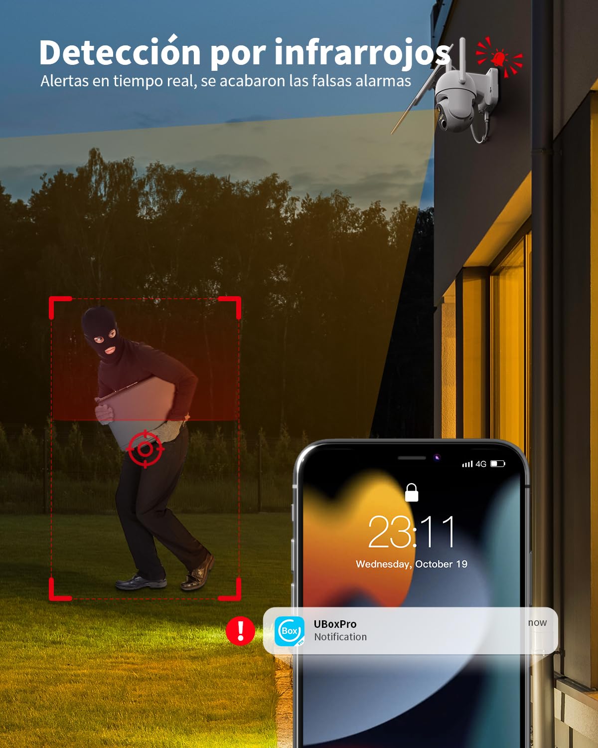 4G LTE Camara Vigilancia Exterior con Panel Solar, 2K 360° PTZ Cámara Vigilancia con Tarjeta SIM, PIR Detección de Movimiento, Visión Nocturna en Color, Audio Bidireccional, IP66 Impermeable