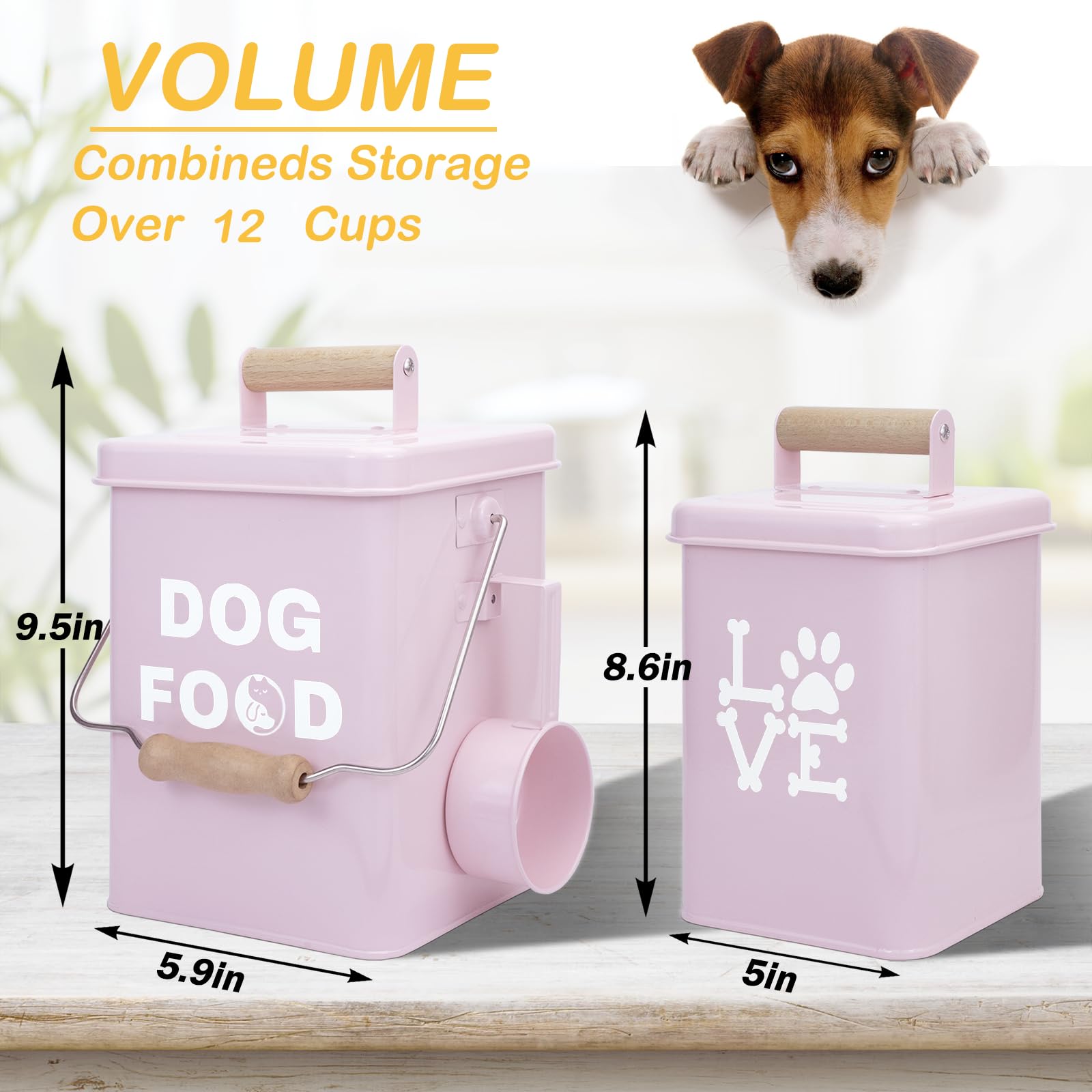 NIXBYO Metal Dog Treat Container Set of 2-9.5x5.9In & 8.6x5In Pink Dog Treat Jars with Airtight Lids, Includes Scoop & Dog Toy - Pet Treat Canister, Dog Cookie Jar, Treat Storage for Kitchen Counter