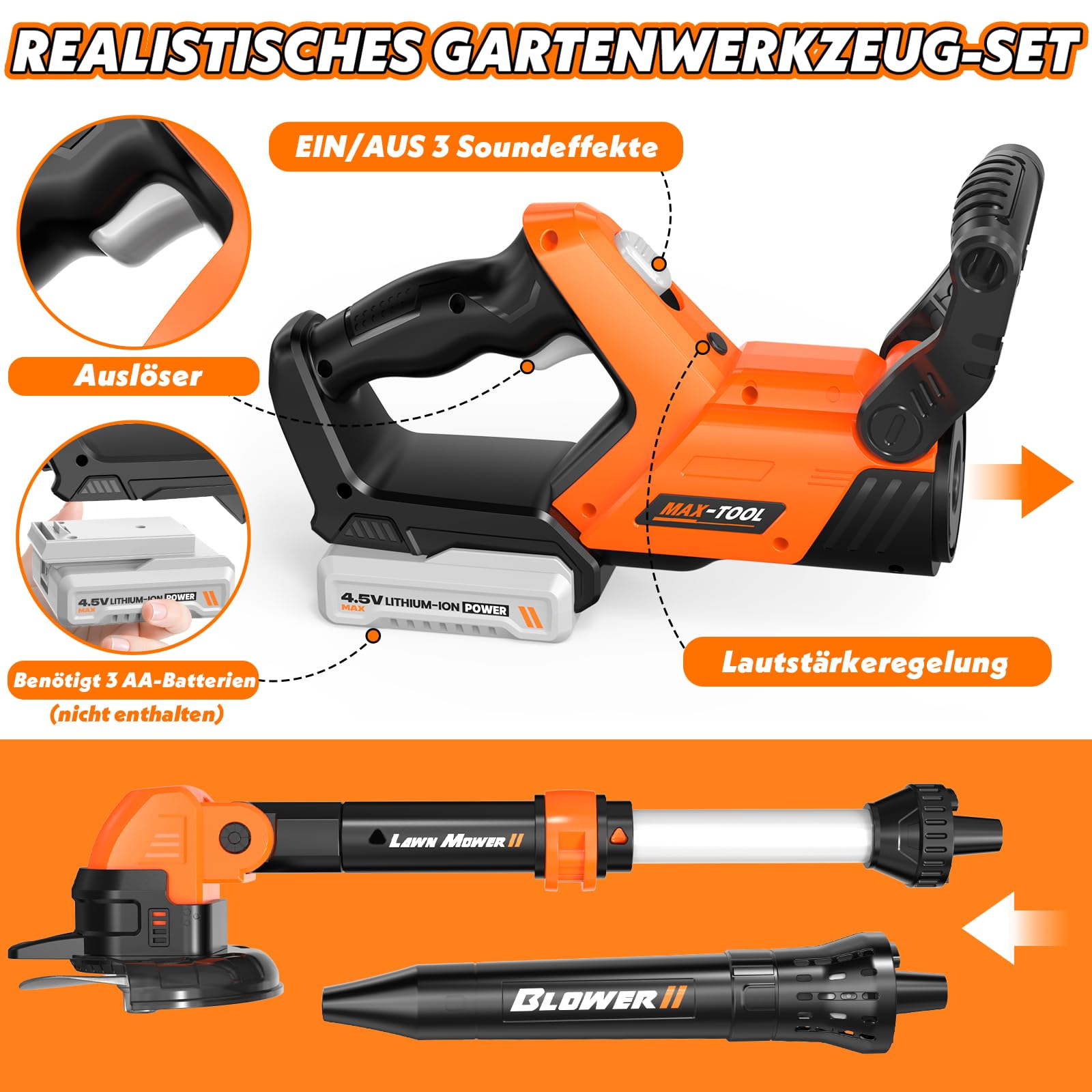 2 in 1 Werkzeug Kinder Spielzeug ab 3 Jahre, motorsäge Kinder, Kinder Rasenmäher & Laubbläser mit Geräusch, Gartenspielzeug Kinder Outdoor Spiele Geschenk 3-9 Jahre Junge