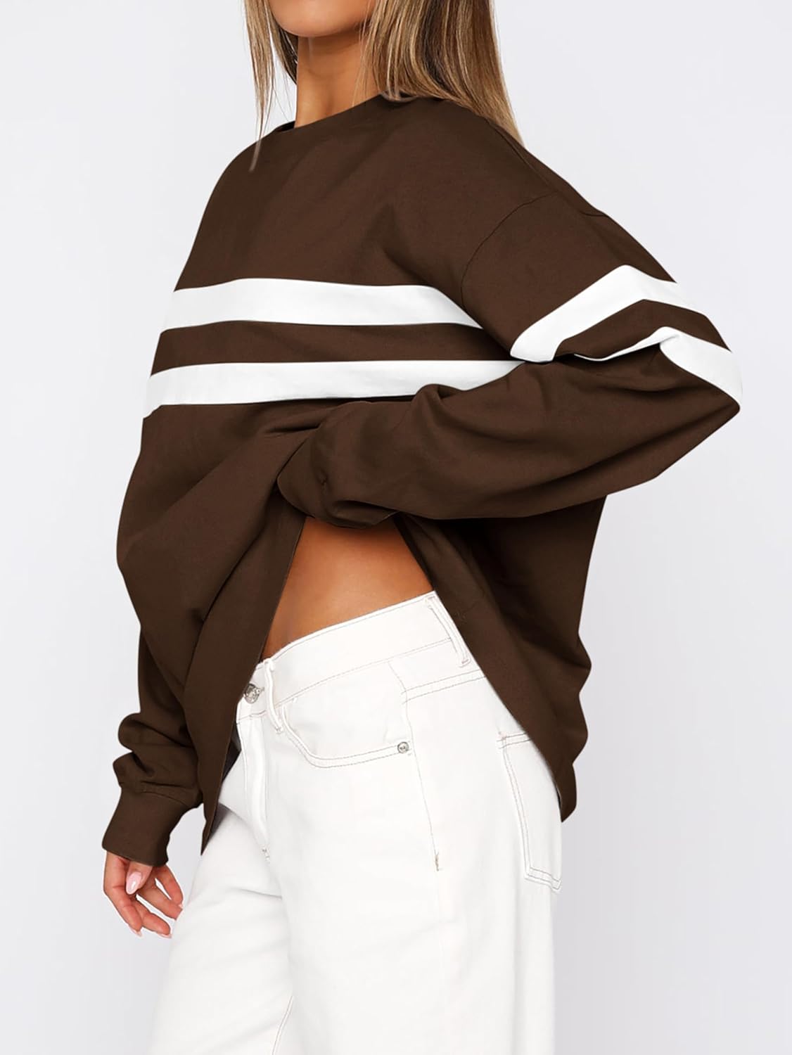 MASCOMODA Women's 2026 Striped Oversized Sweatshirt Spring Crewneck Long Sleeve Shirts Casual Color Block Pullover Tops - Image 3