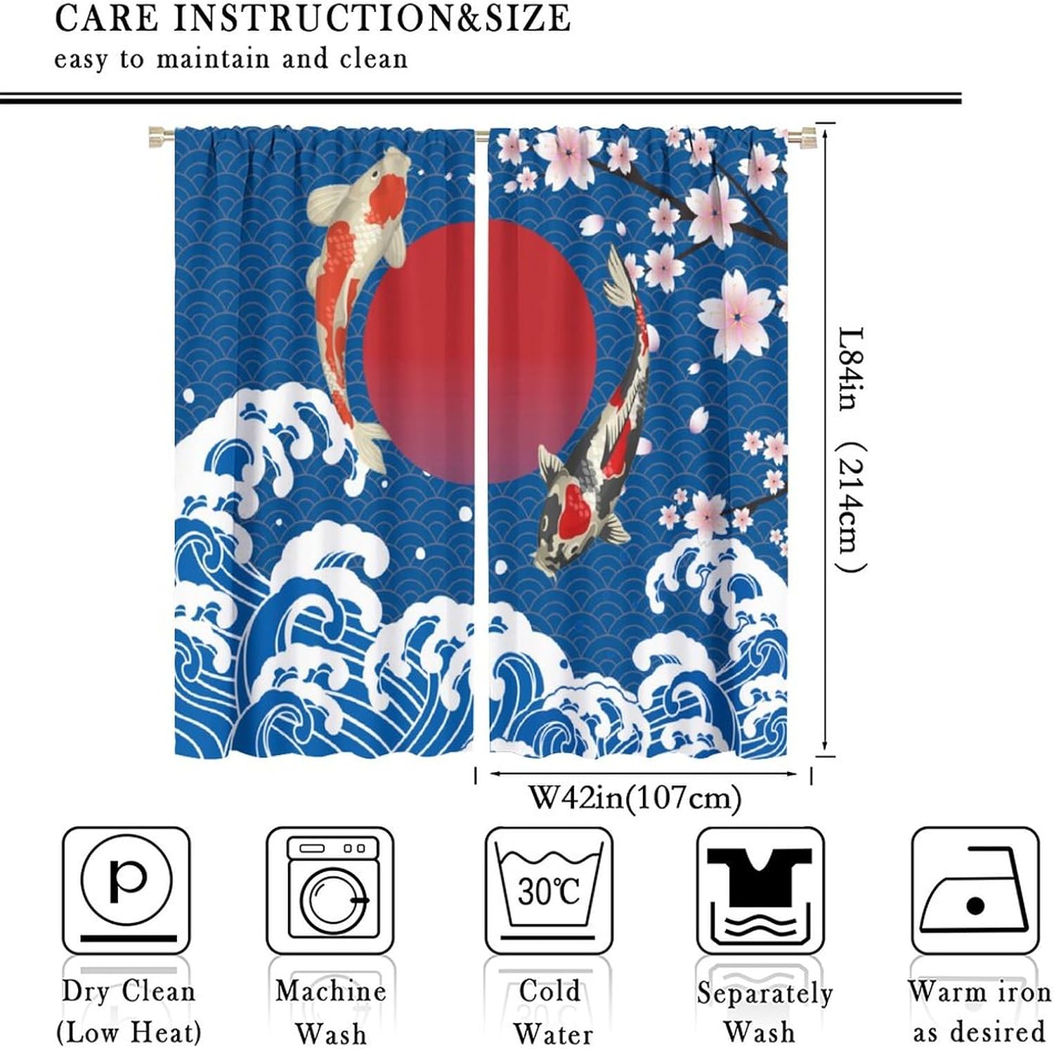 Asian Japanese Style Curtains,Ocean Wave Pink Cherry Blossom Koi Fish Red Sun Polyester Fabric Curtains for Bedroom Living Room Kitchen Curtains 2 Panels Set,Total Size 84" x 84"