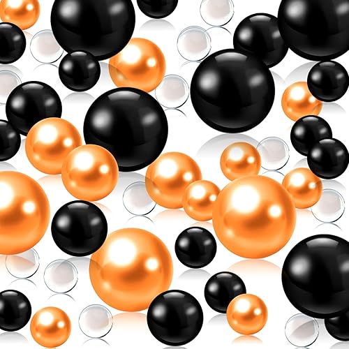 200 perlas de jarrón negro y naranja, cuentas de relleno de jarrón negro y naranja para centros de mesa, cuentas flotantes negras y naranjas de