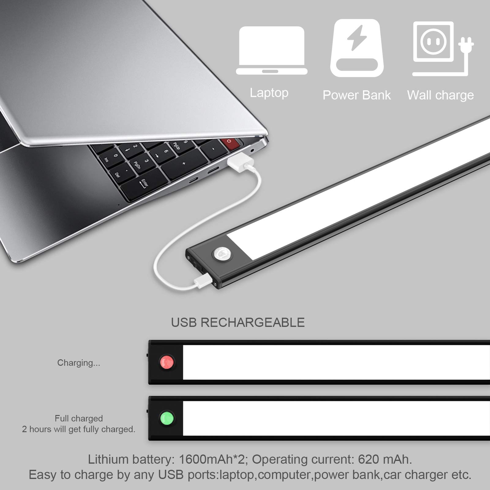 Klighten 2 Pezzi 60cm Luce Led Sottopensile Cucina Ricaricabile, Luce Armadio con Sensore di Movimento, 113 LEDs, 3 Modalità, 3200mAh, Led Armadio Magnetica, Bianco caldo 3000K, Noir