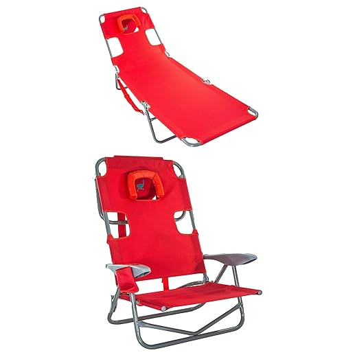 Ostrich Chaise Folding Steel Frame Beach Lounger w/4 Positions & Portable On-Your-Back Reclining Outdoor Camping Lawn Chair w/5 Chair Positions, Red