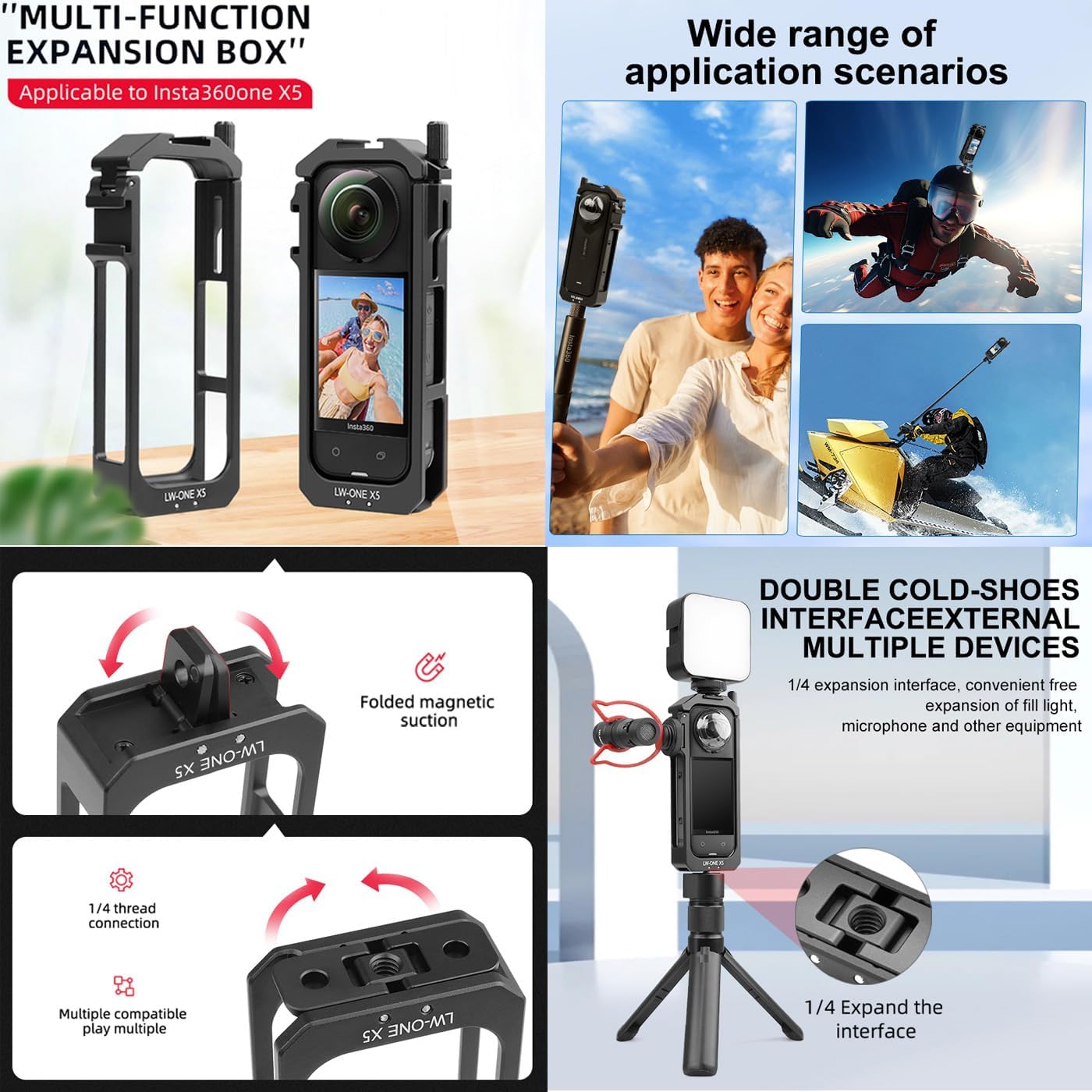 Insta 360 X5 Aluminum Frame Cage Case Bag Premium Glass Lens Guard Set Screen Protector for Insta360 X5 X 5 Accessories Kit Anti-Scratch Metal Shell Protective Film Cover (Black) - Image 2