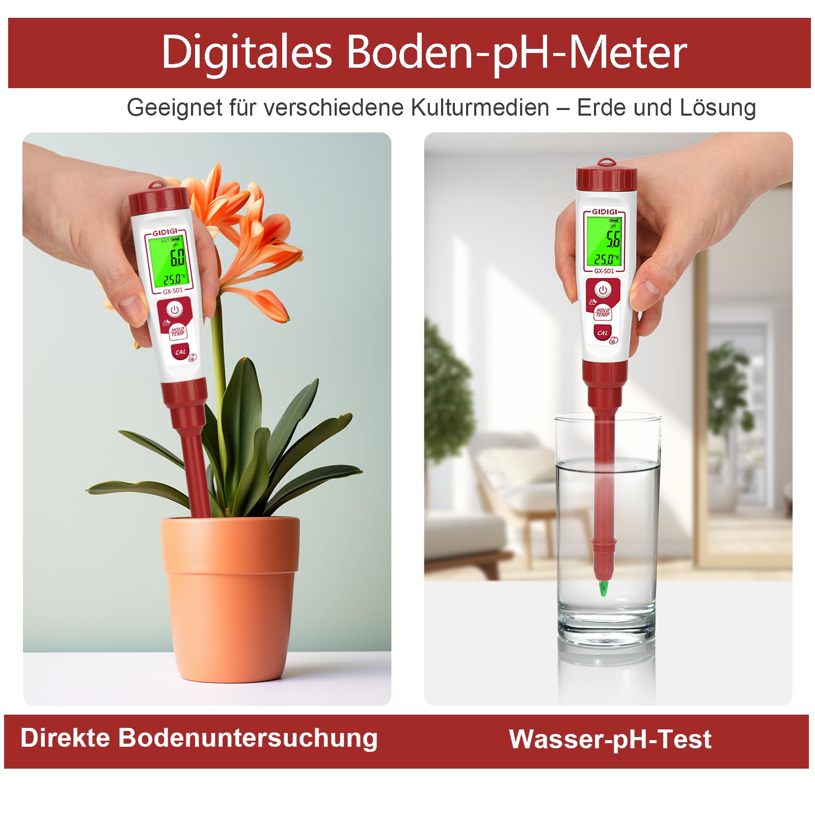 Digitaler Boden-pH-Messgerät, pH-Tester für Topfpflanzen, elektronischer pH-Test für Garten, Rasen, Innen- und Außenbereich, Gewächshaus, Landwirtschaft, Hof